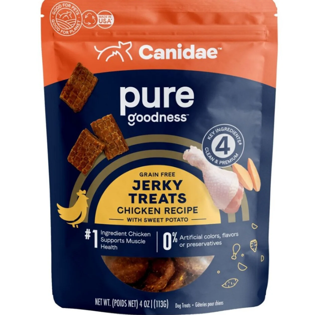 Canidae PURE Goodness Jerky Dog Treats Chicken Recipe with Sweet Potato, 4oz - Image 1