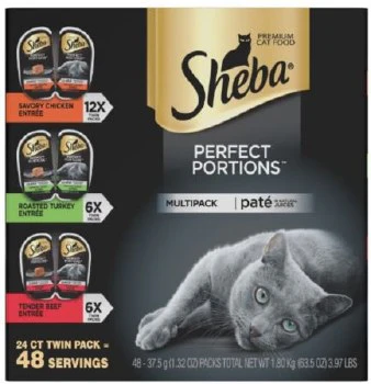 Sheba Perfect Portions Pate Variety Pack with Beef, Turkey, and Chicken Grain Free Wet Cat Food, case of 24, 2.6oz Twin Packs - Image 1