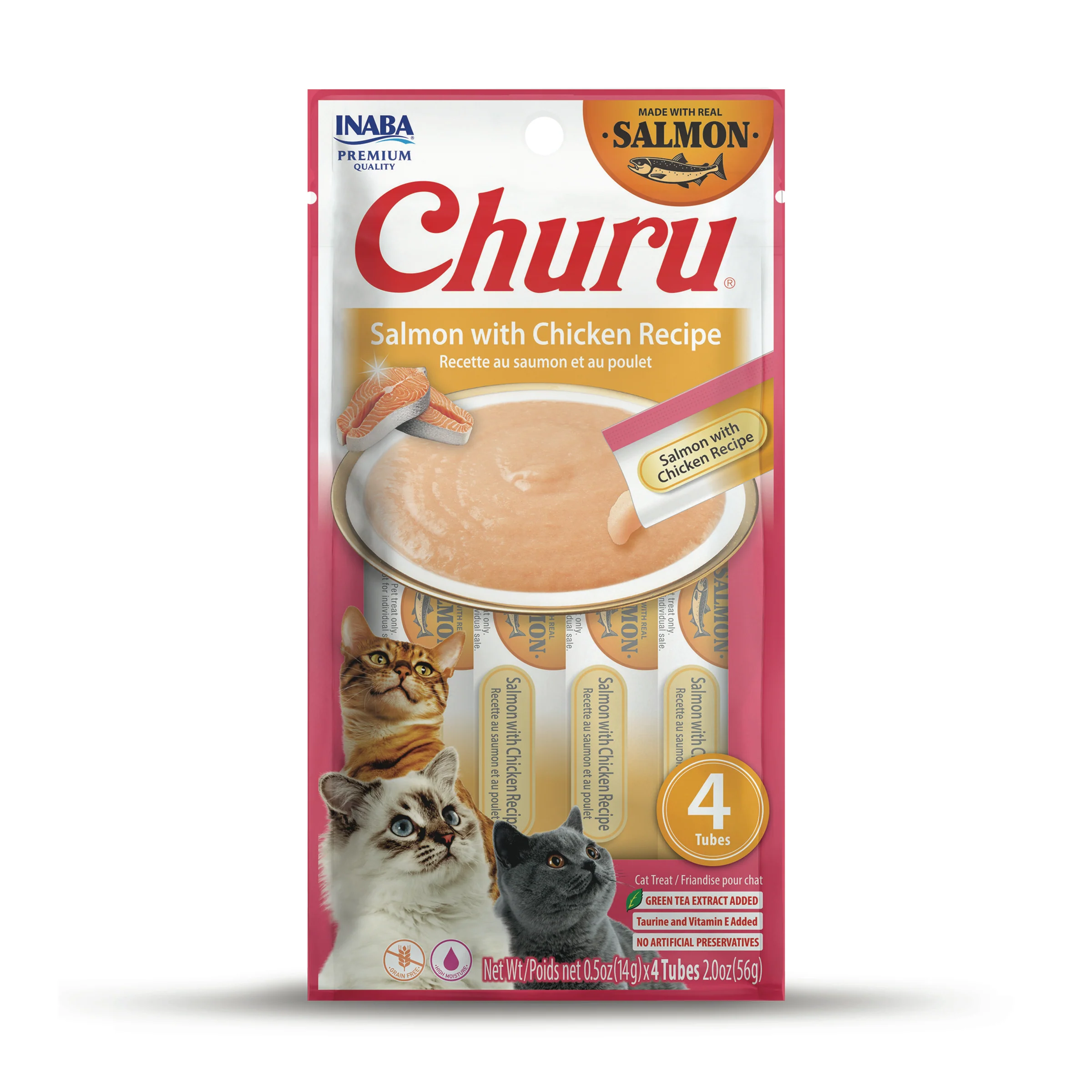 INABA Churu Cat Treats, Grain-Free, Lickable, Squeezable Creamy Purée Cat Treat with Vitamin E & Taurine, 0.5 Ounces Each Tube, 4 Tubes, Salmon with Chicken Recipe - Image 1