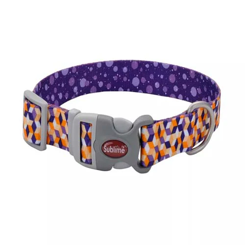 Coastal Sublime 1in Wide 12-18in Adjustable Dog Collar Purple Orange Cubes - Image 1