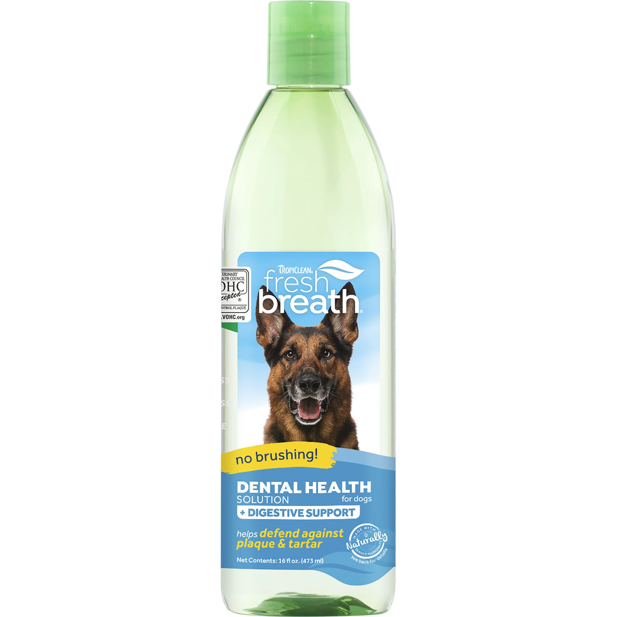 TropiClean Fresh Breath Dental Health Solution Plus Digestive Support for Dogs, 16oz - Image 1