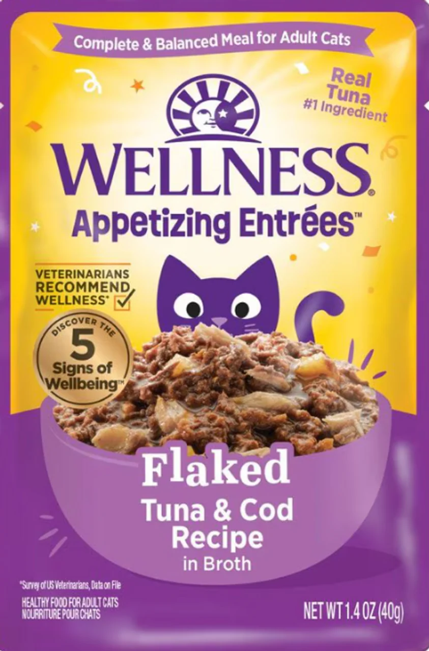 Wellness Appetizing Entrees Flaked Cat Food Pouch Tuna & Cod in Broth Recipe 1.4oz - Image 1