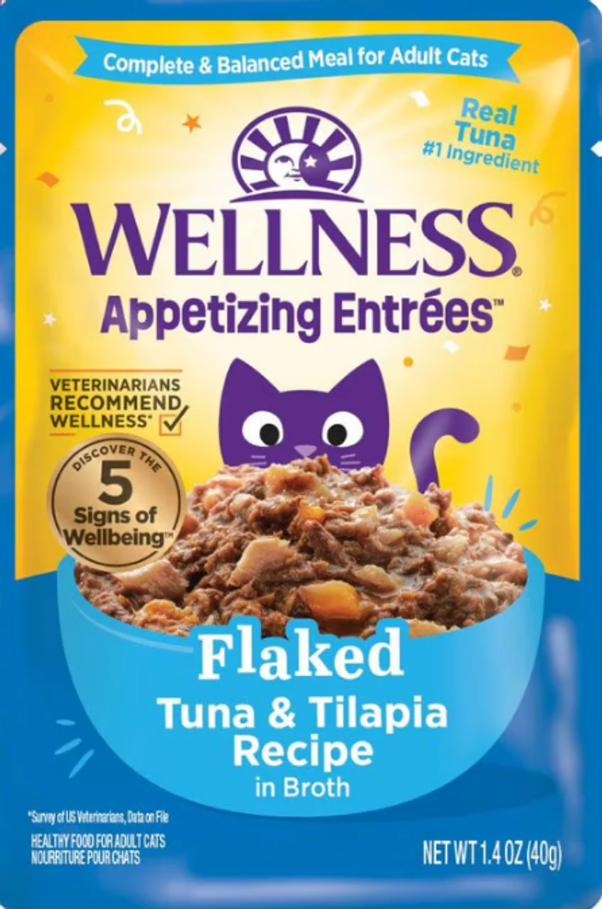 Wellness Appetizing Entrees Flaked Cat Food Pouch Tuna & Tilapia in Broth Recipe 1.4oz - Image 1