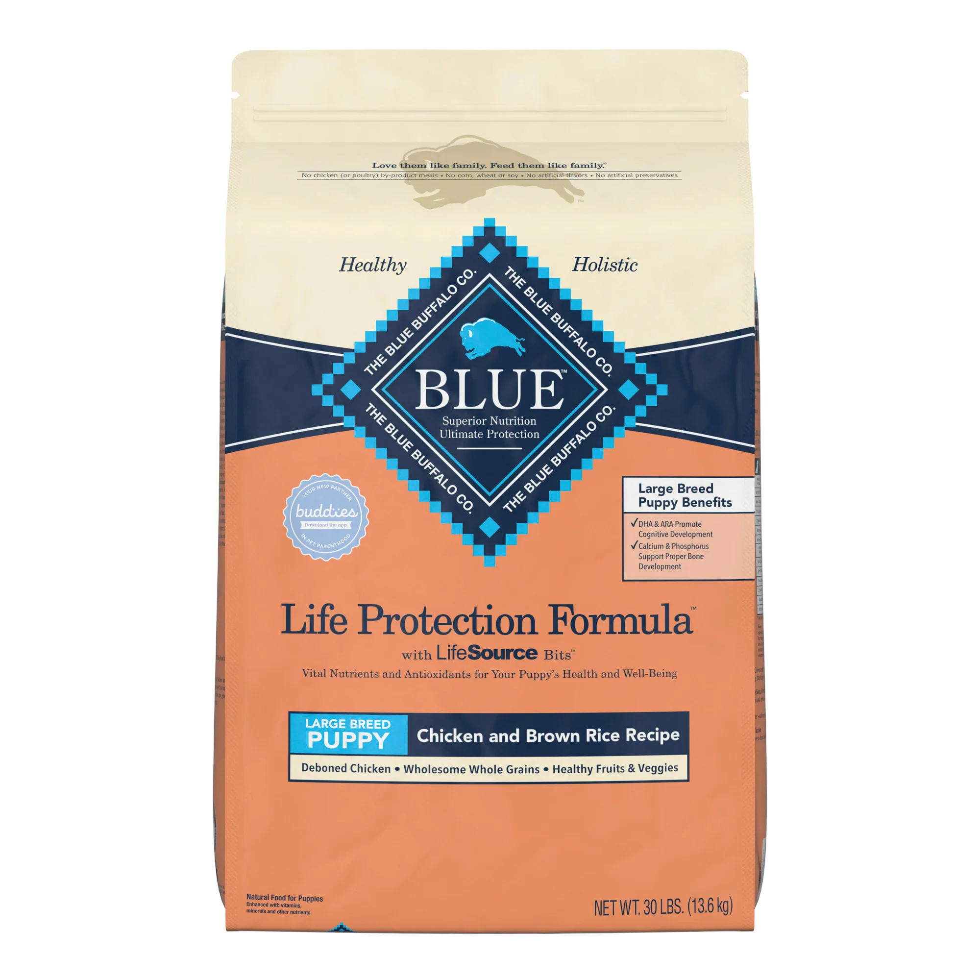 Blue Buffalo Life Protection Formula Large Breed Chicken and Brown Rice Dry Dog Food for Puppies  Whole Grain  30 lb. Bag - Image 1