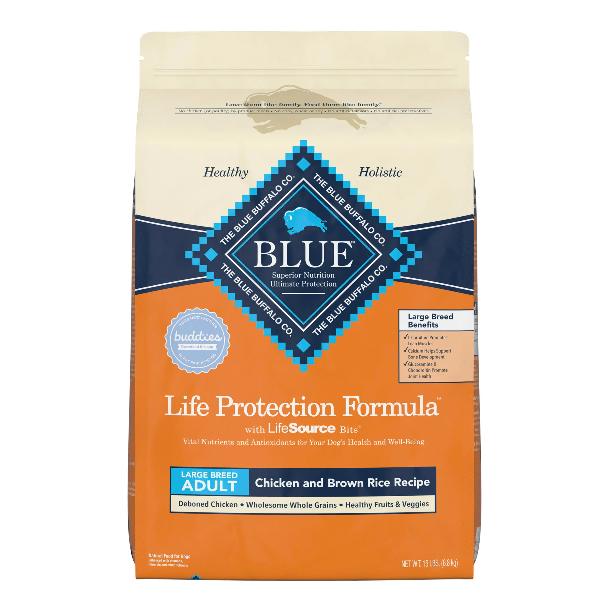 Blue Buffalo Life Protection Formula Large Breed Chicken and Brown Rice Dry Dog Food for Adult Dogs  Whole Grain  15 lb. Bag - Image 1