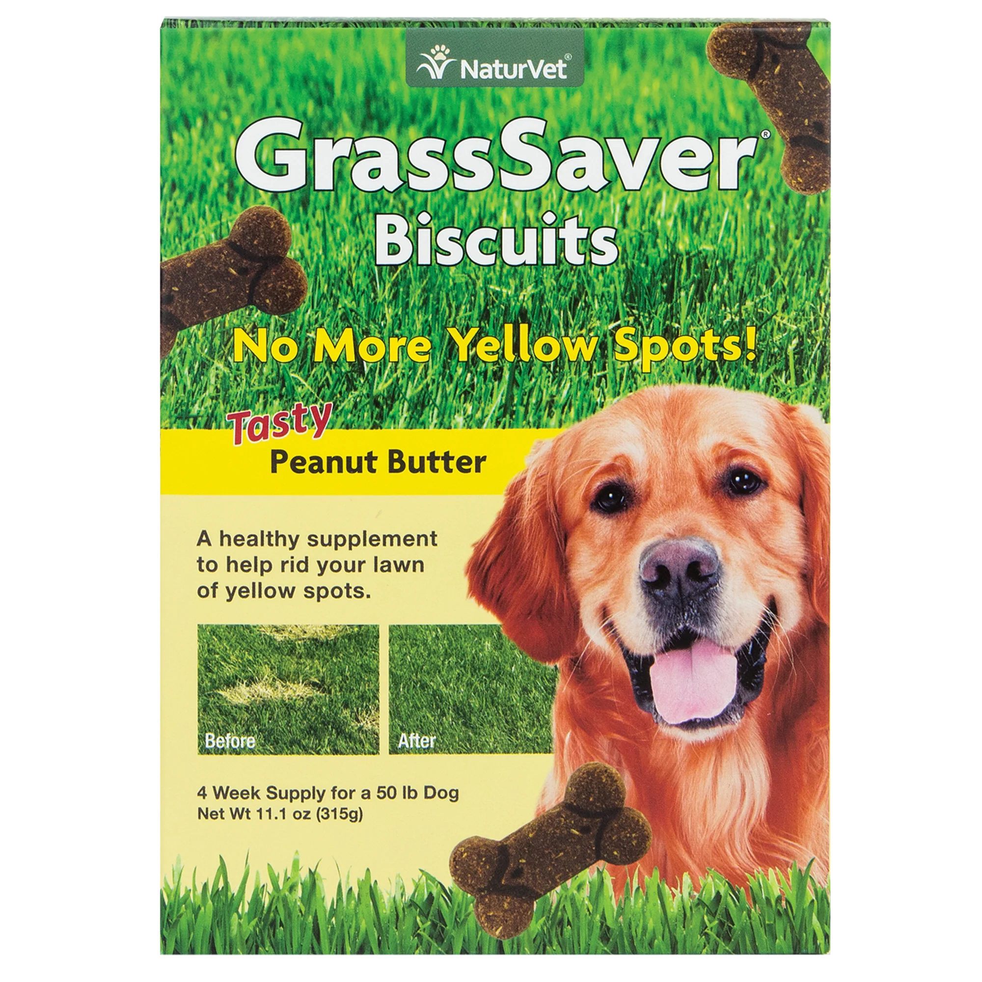 NaturVet – GrassSaver Biscuits for Dogs – Healthy Supplement to Help Rid Your Lawn of Yellow Spots – Enhanced with a Tasty Peanut Butter Flavor – 4 Week Suppy - 11.1oz - Image 1