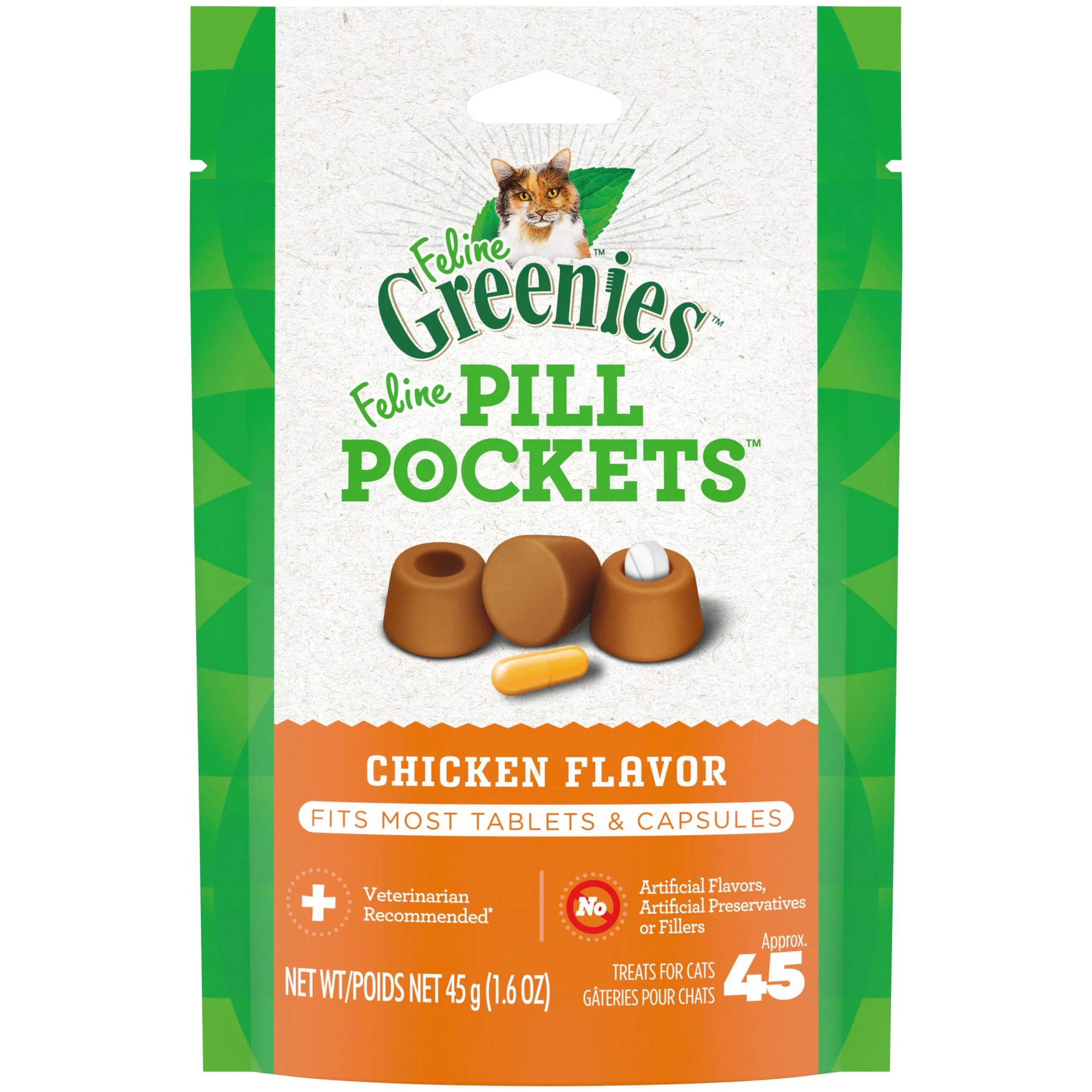 FELINE GREENIES PILL POCKETS for Cats Natural Soft Cat Treats  Chicken Flavor  1.6 oz. Pack (45 Treats) - Image 1