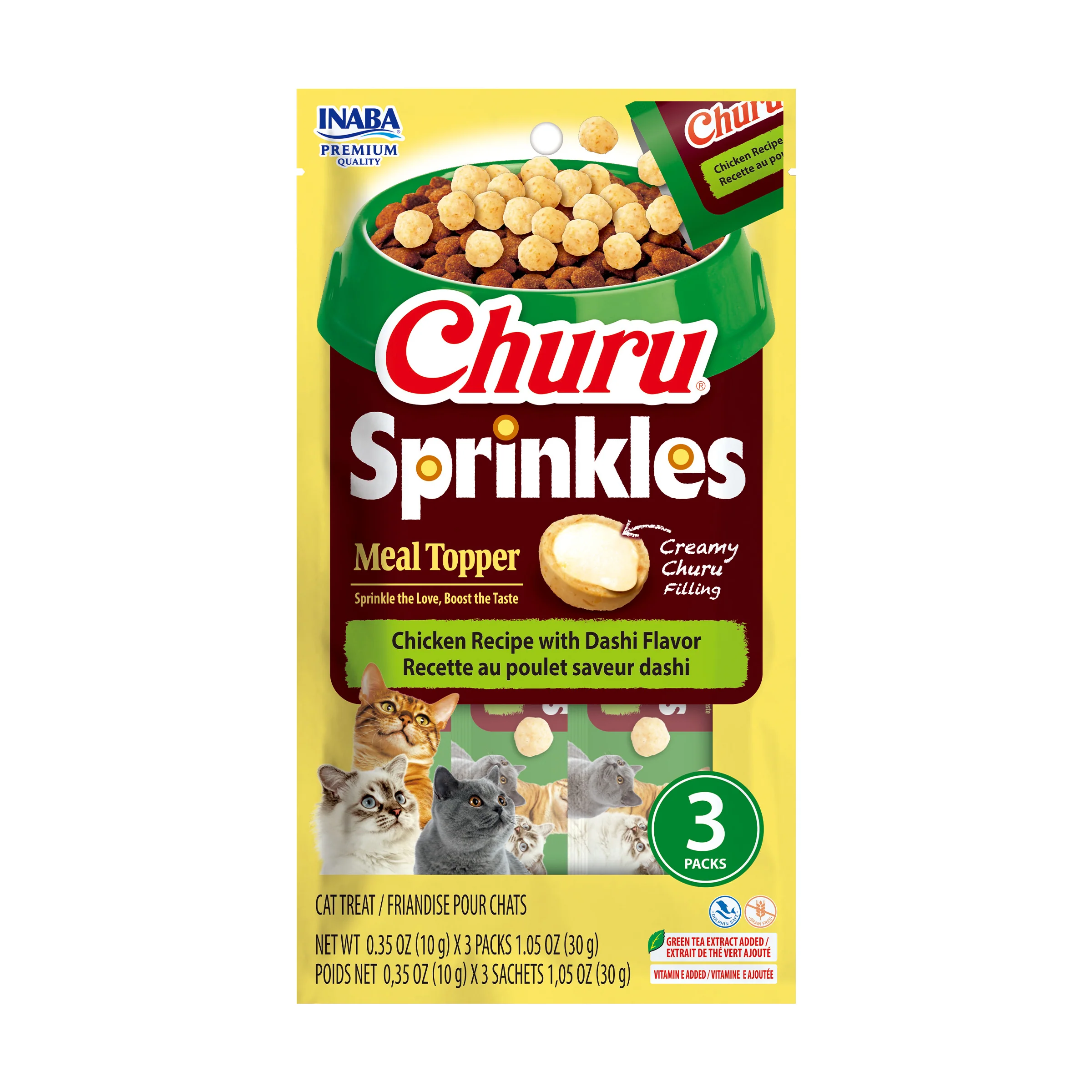 INABA Churu Sprinkles for Cats, 0.35oz 3pk Chicken Recipe with Dashi Flavor - Image 1