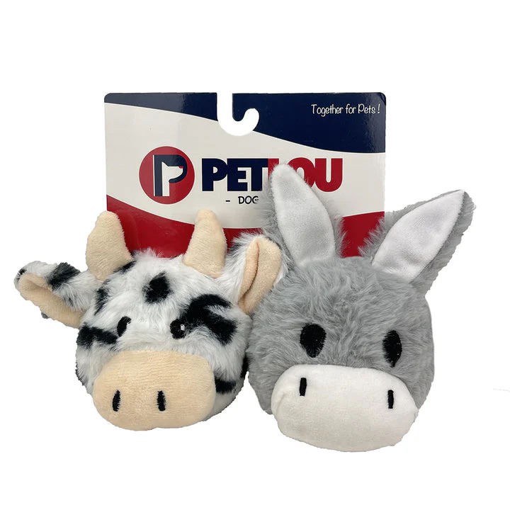 Petlou Plush Dog Toy Squeaky Cow and Donkey 4in 2pk - Image 1