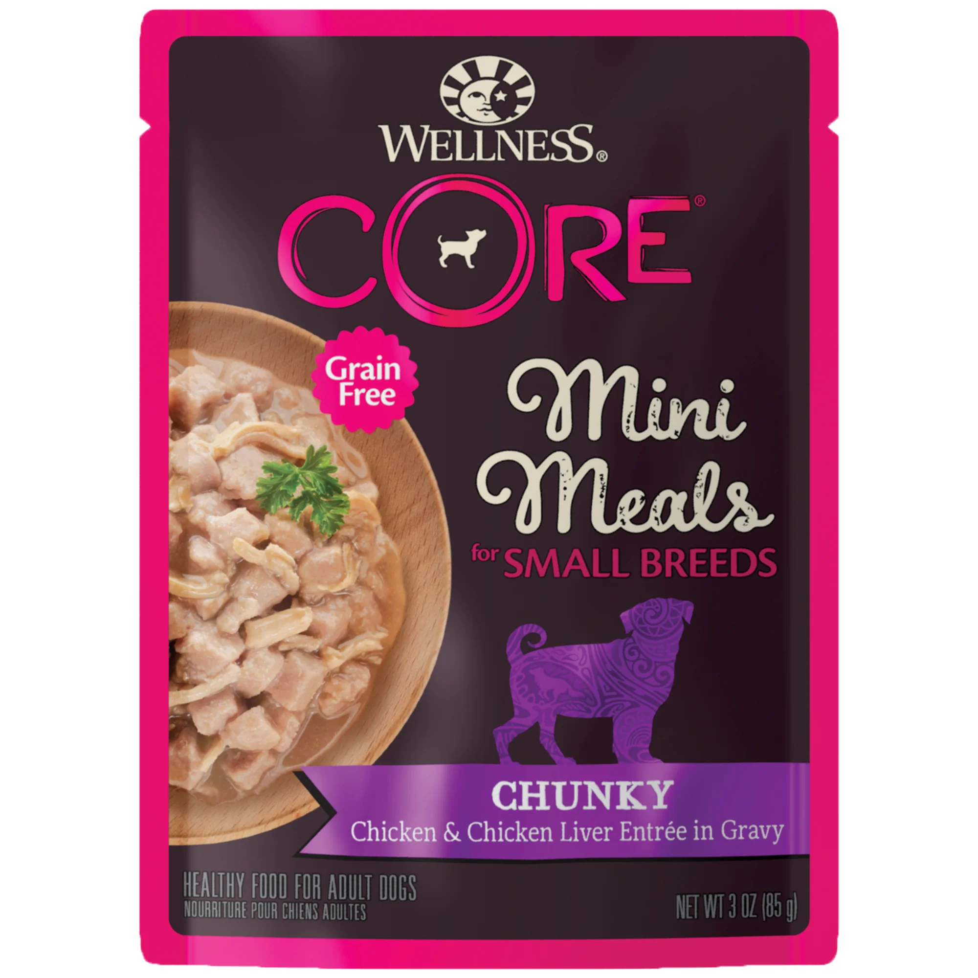 Wellness CORE Natural Grain Free Small Breed Mini Meals Wet Dog Food Chunky Chicken & Chicken Liver Entrée in Gravy 3oz Pouch - Image 1