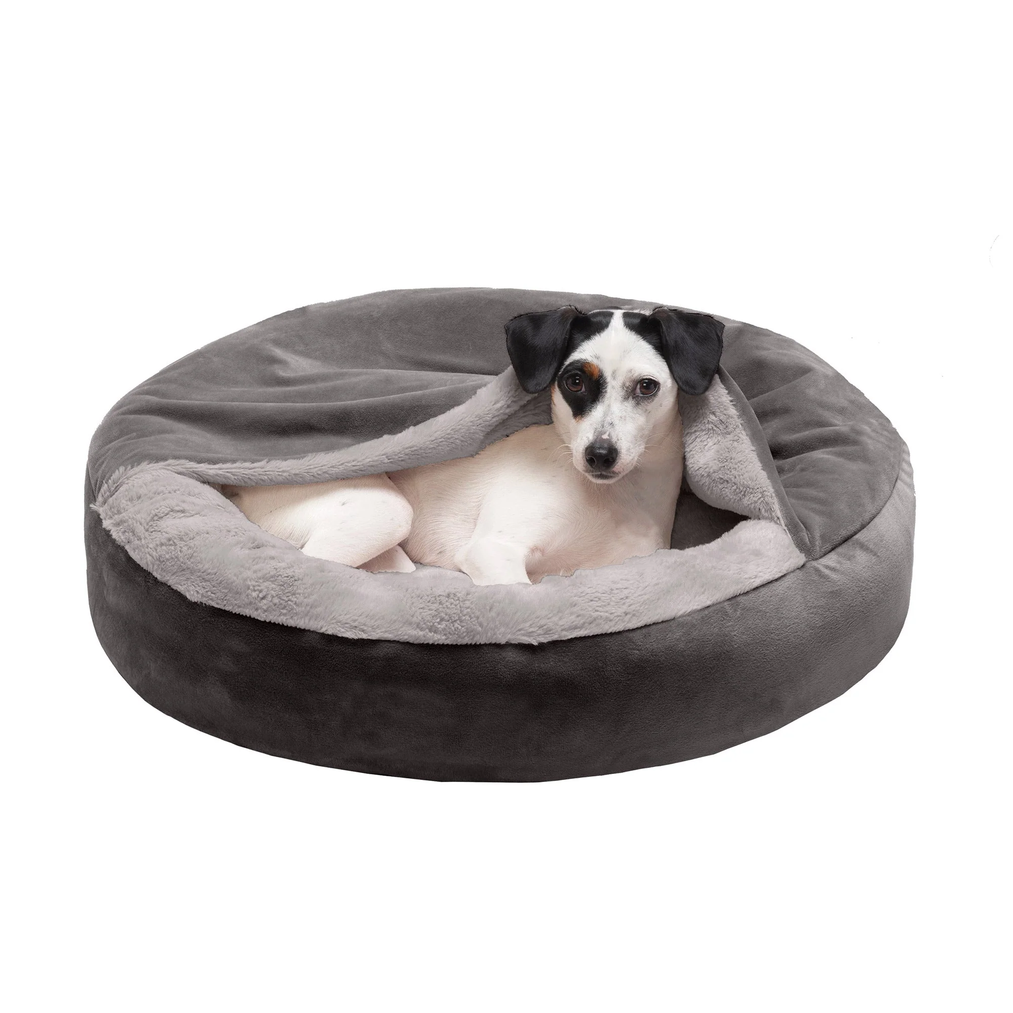 Fur Haven Wave Faux Fur & Velvet Hooded Donut Dog Bed Small Grey - Image 1