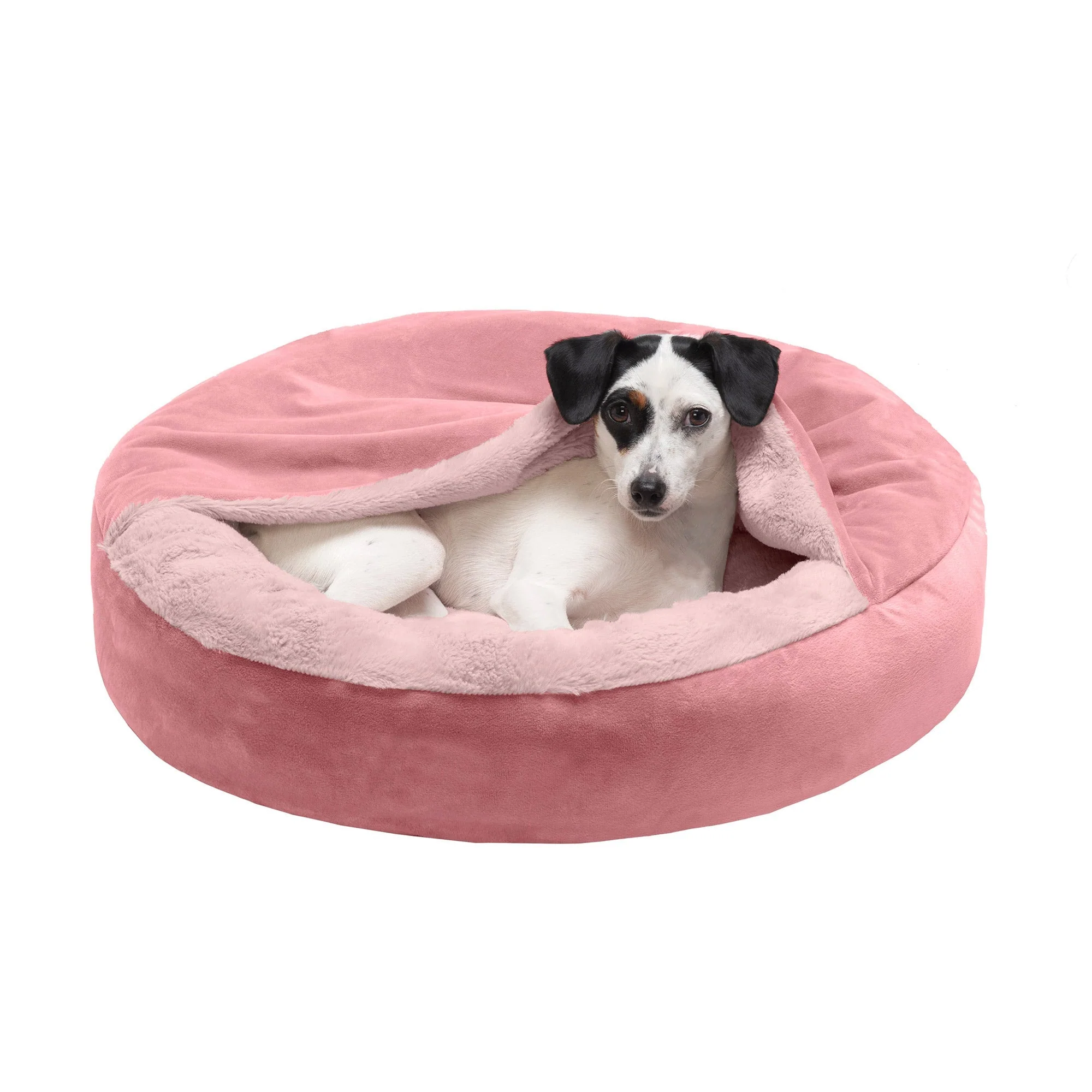 Fur Haven Wave Faux Fur & Velvet Hooded Donut Dog Bed Small Pink - Image 1