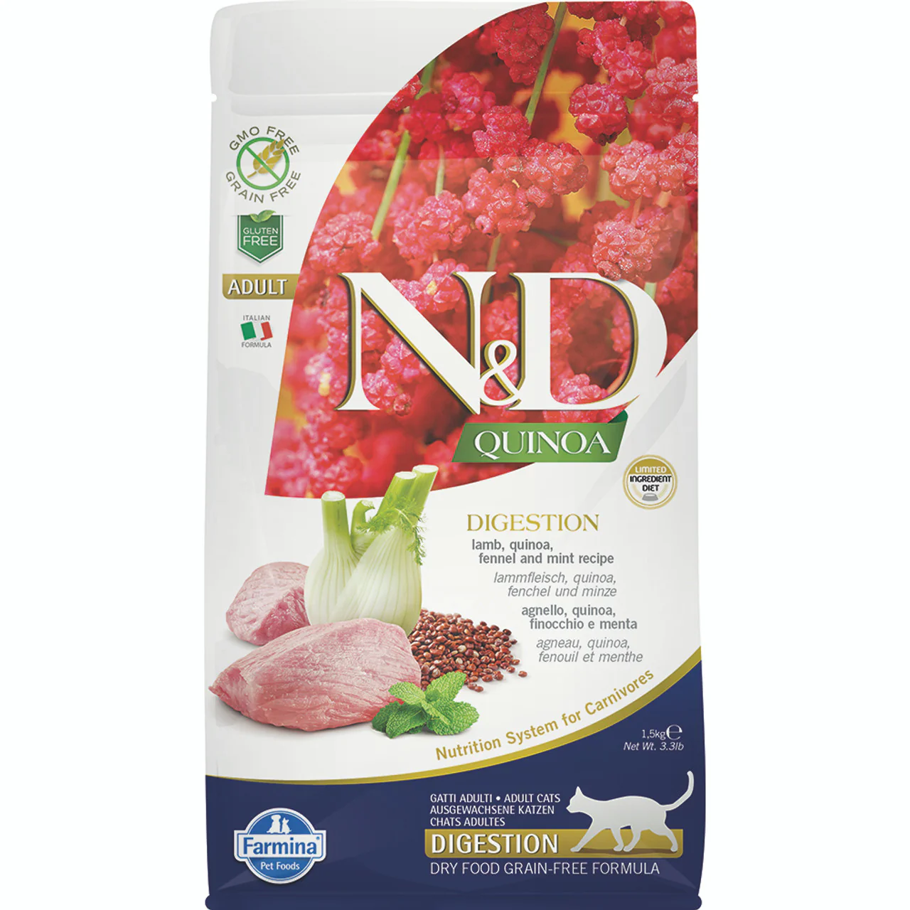 Farmina N&D Quinoa Digestion Lamb, Quinoa, Fennel & Mint Dry Cat Food 3.3lb - Image 1