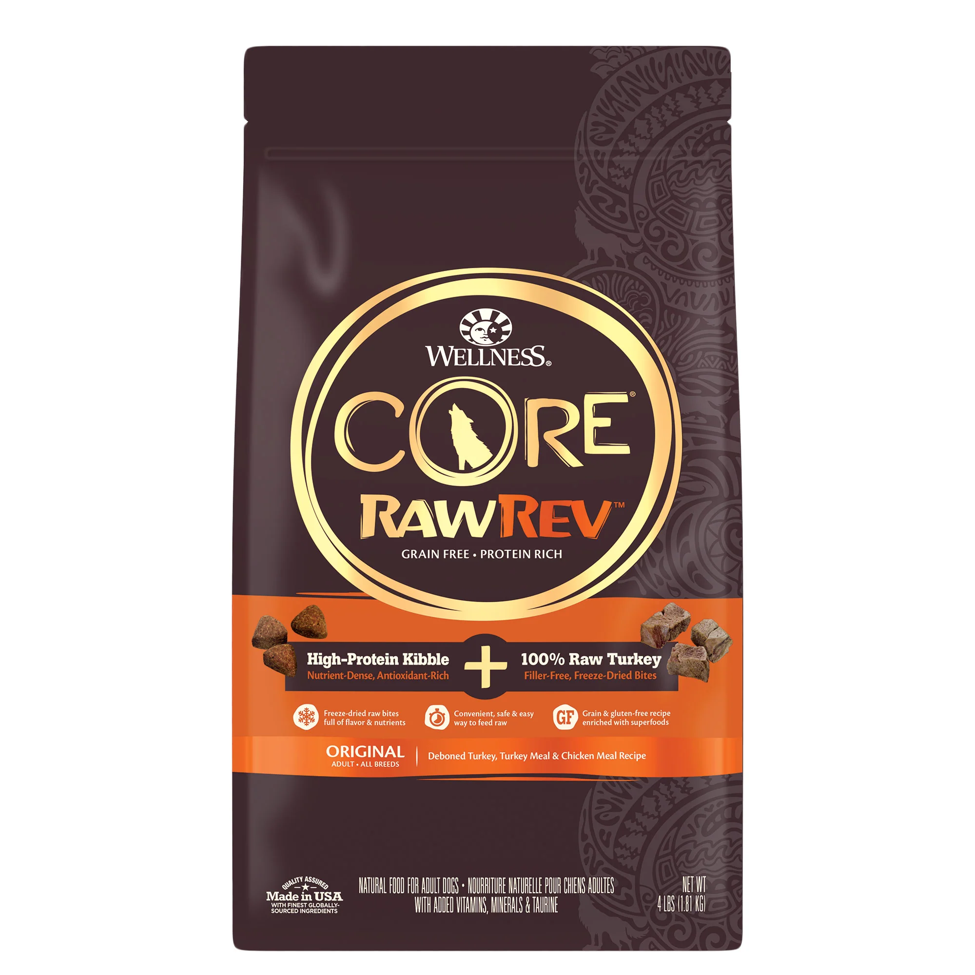 Wellness CORE RawRev Natural Grain Free Dry Dog Food Original Turkey & Chicken with Freeze Dried Turkey 4lb Bag - Image 1