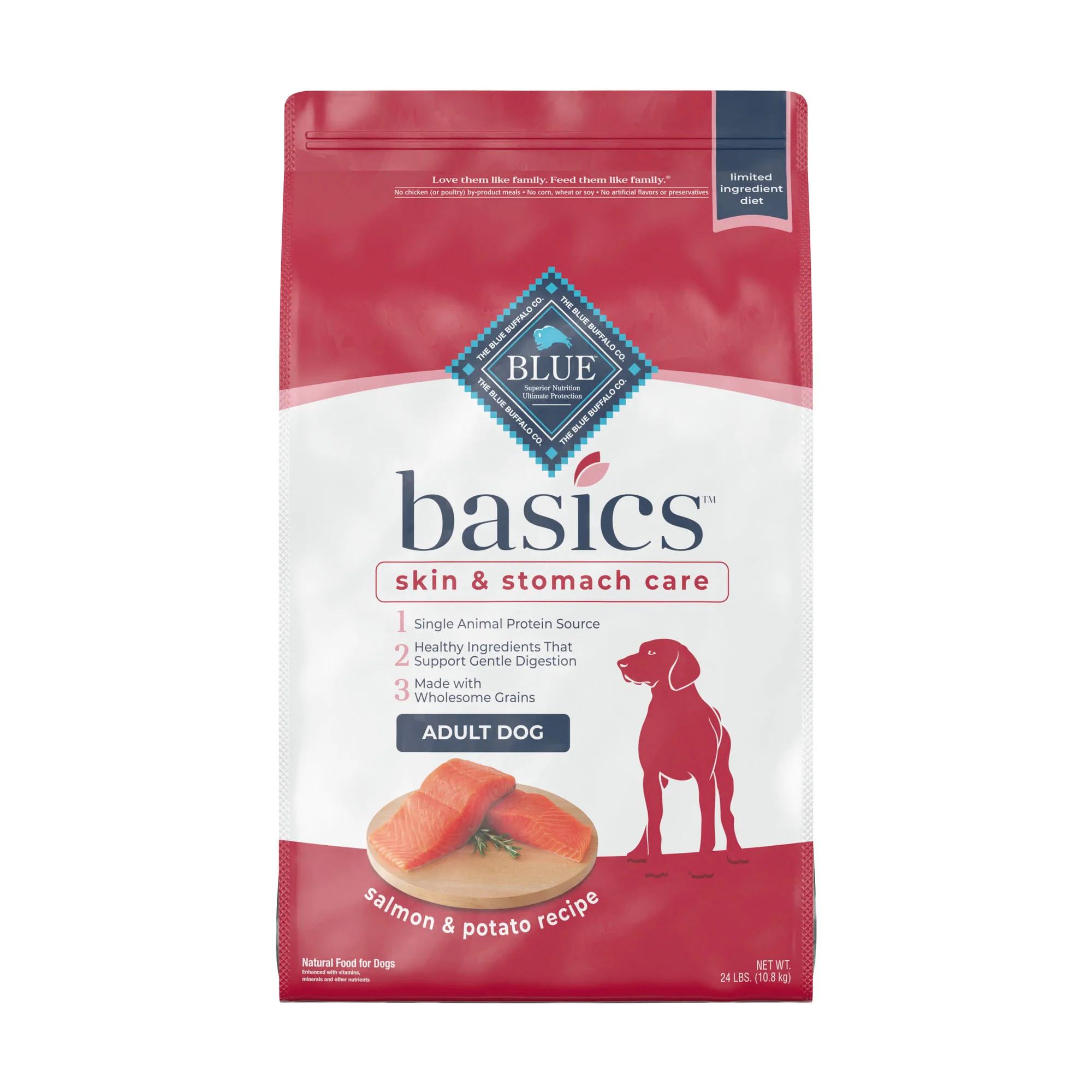 Blue Buffalo Basics Skin & Stomach Care Salmon and Potato Dry Dog Food for Adult Dogs  Whole Grain  24 lb. Bag - Image 1