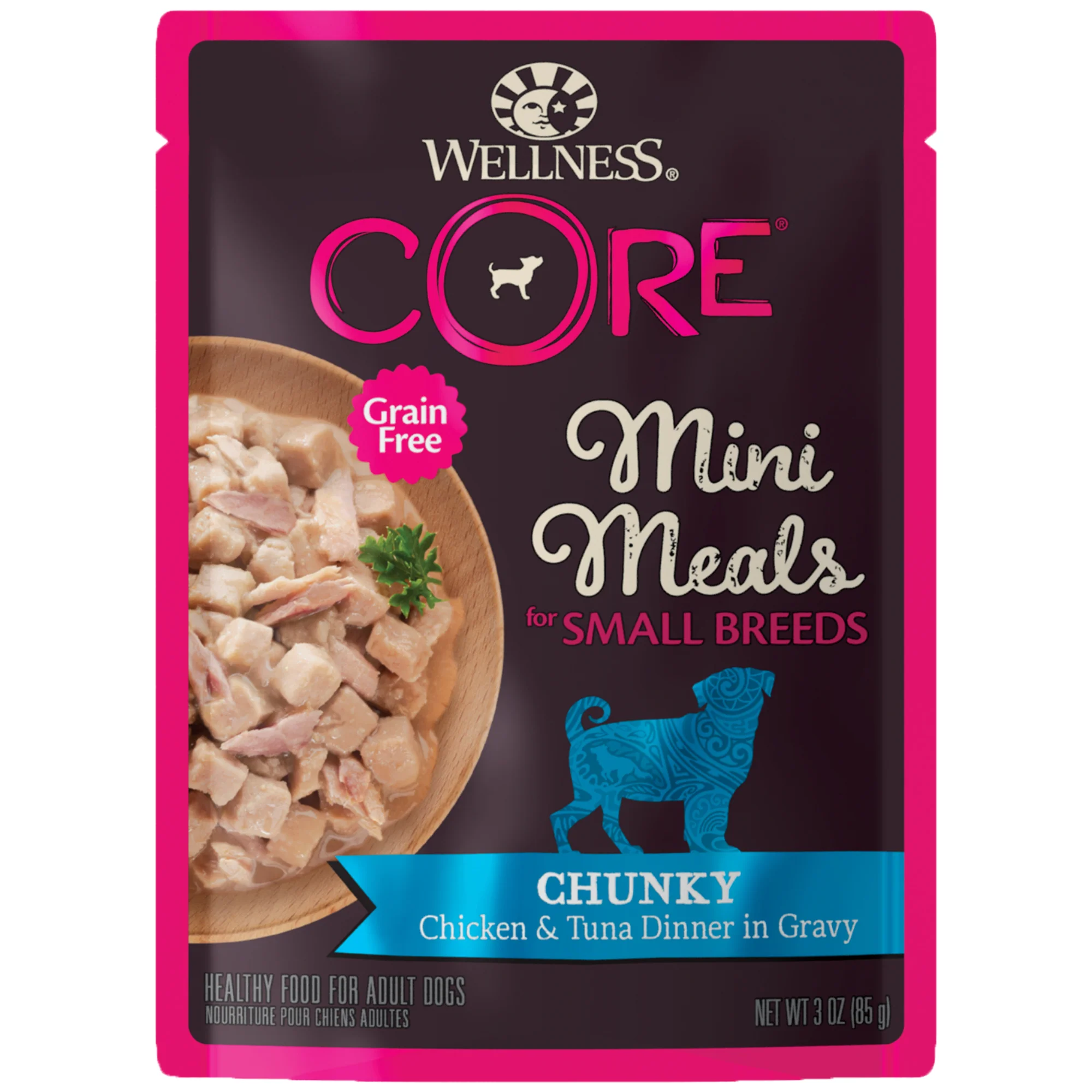 Wellness CORE Natural Grain Free Small Breed Mini Meals Wet Dog Food Chunky Chicken & Tuna Dinner in Gravy 3oz Pouch - Image 1