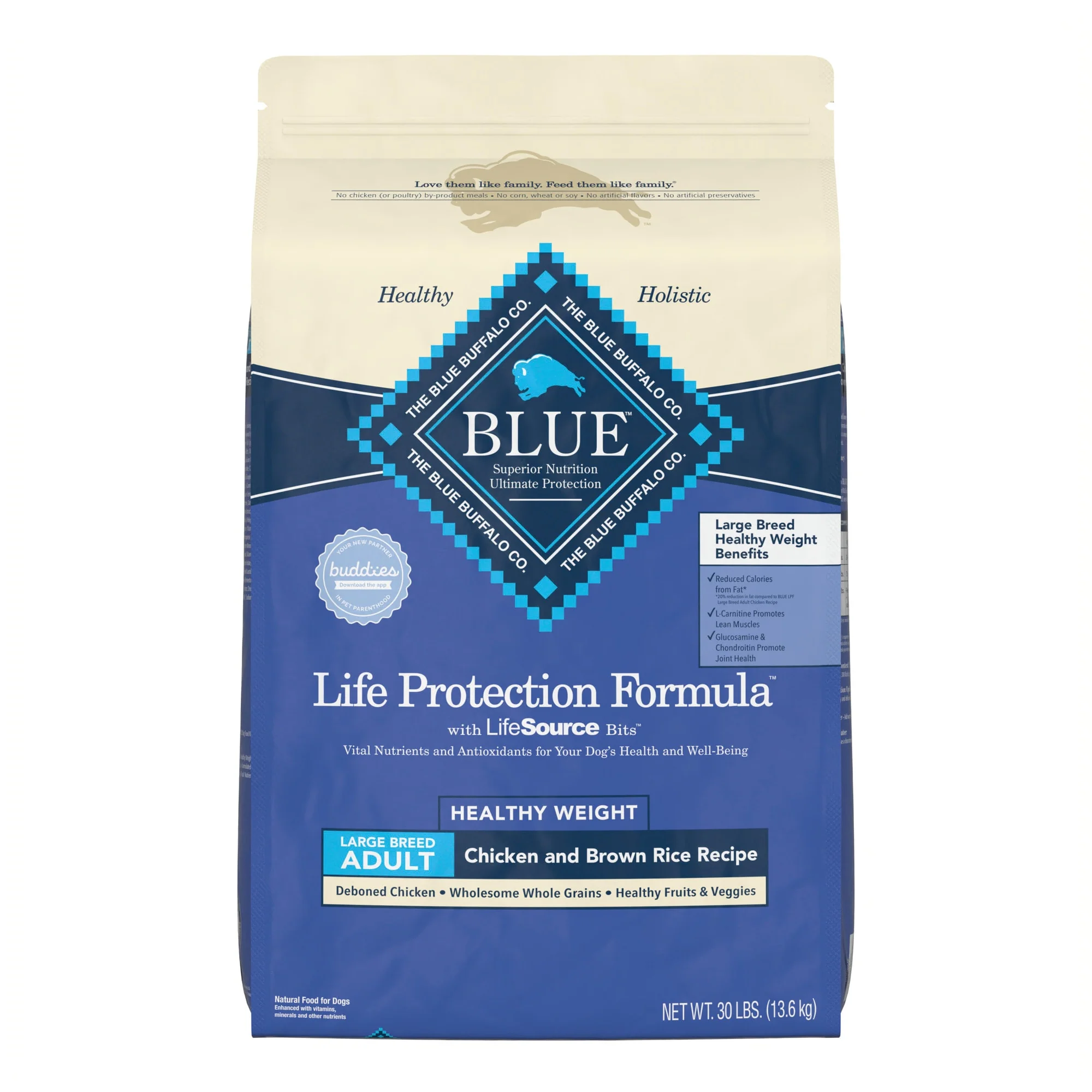 Blue Buffalo Life Protection Formula Large Breed Healthy Weight Chicken and Brown Rice Dry Dog Food for Adult Dogs  Whole Grain  30 lb. Bag - Image 1