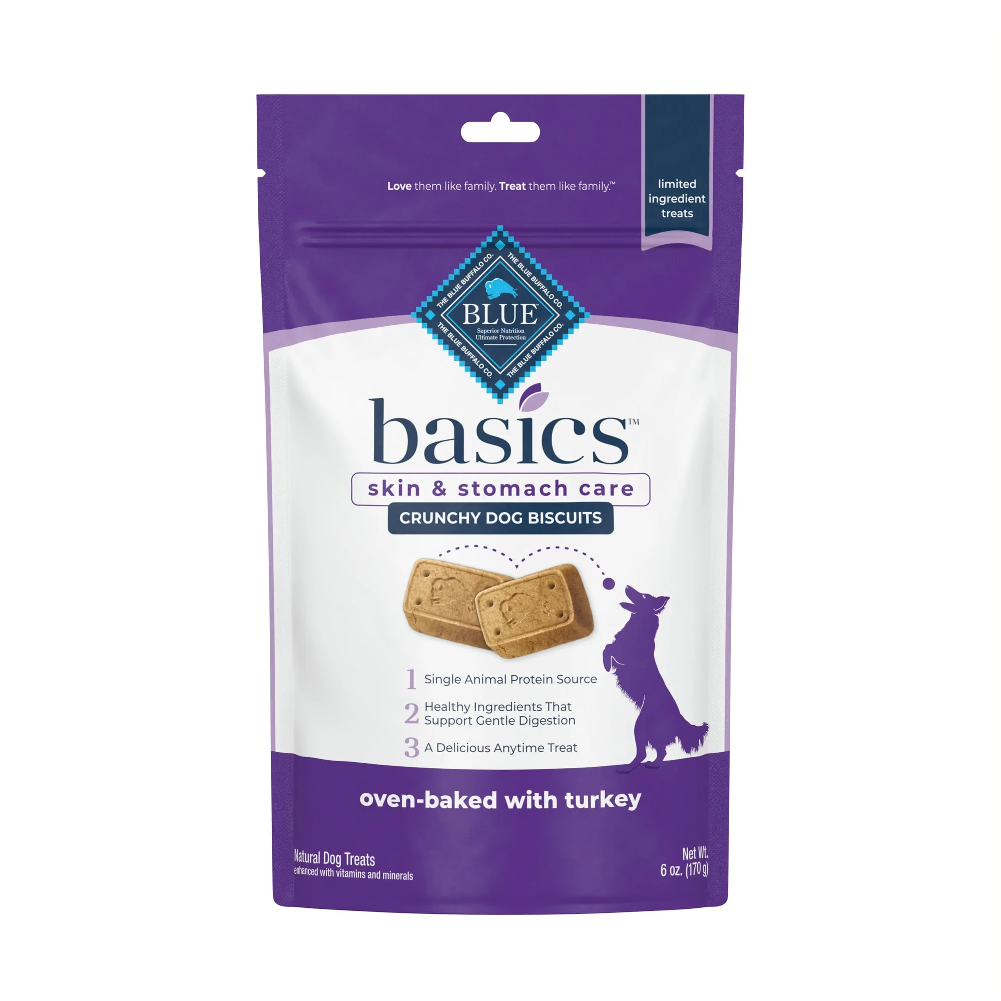 Blue Buffalo Basics Skin & Stomach Care Turkey & Potato Flavor Crunchy Biscuit Treats for Dogs  Whole Grain  6 oz. Bag - Image 1