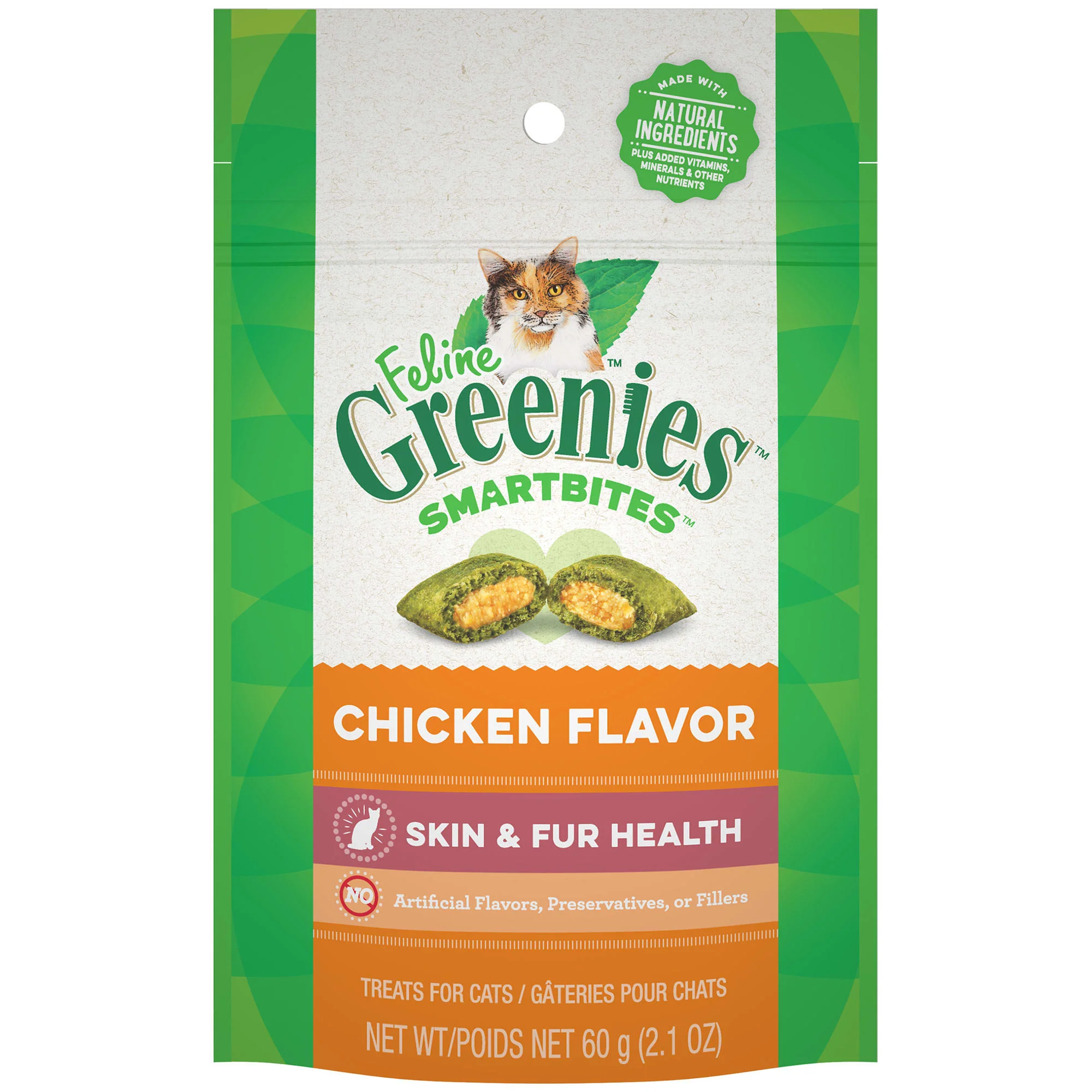 FELINE GREENIES SMARTBITES Skin & Fur Crunchy and Soft Natural Cat Treats  Chicken Flavor  2.1 oz. Pack - Image 1