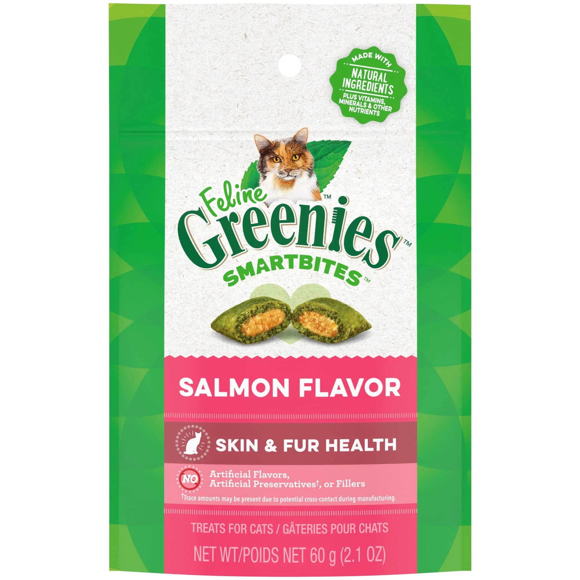 FELINE GREENIES SMARTBITES Skin & Fur Crunchy and Soft Natural Cat Treats  Salmon Flavor  2.1 oz. Pack - Image 1