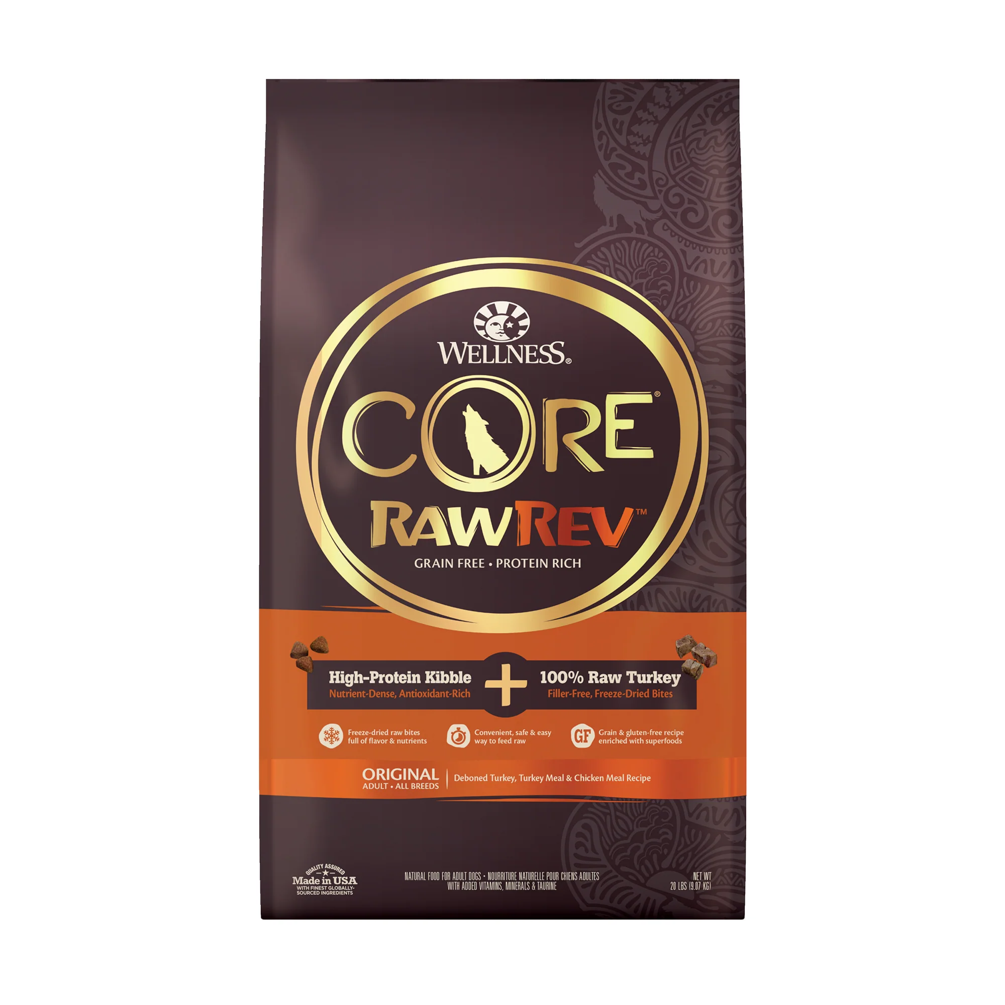 Wellness CORE RawRev Natural Grain Free Dry Dog Food Original Turkey & Chicken with Freeze Dried Turkey 20lb Bag - Image 1