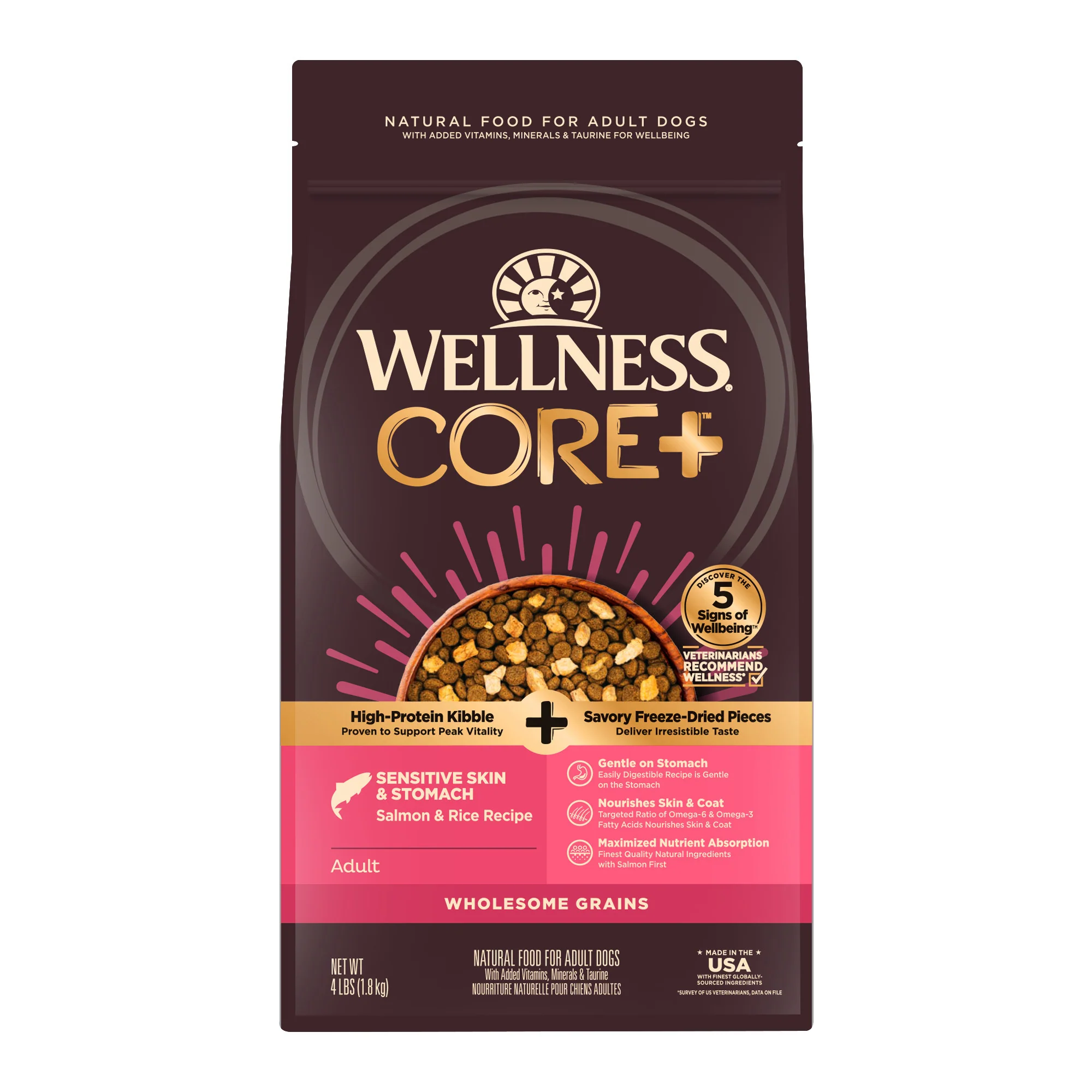Wellness CORE+ Sensitive Skin & Stomach Dry Dog Food Salmon & Rice Recipe 4lb - Image 1
