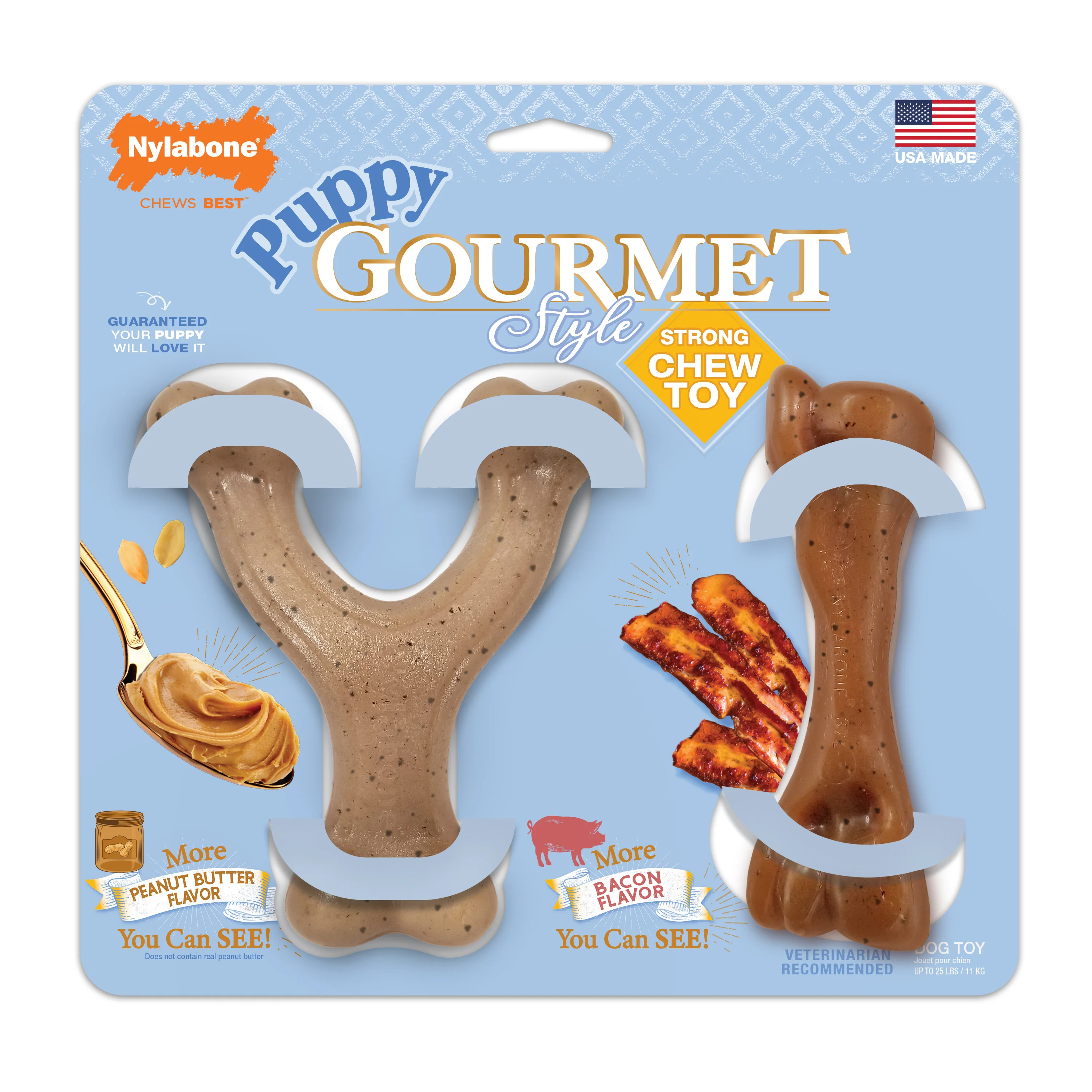 Nylabone Gourmet Style Puppy Chew Toy Twin Pack Bacon, Peanut Butter Small/Regular - Image 1