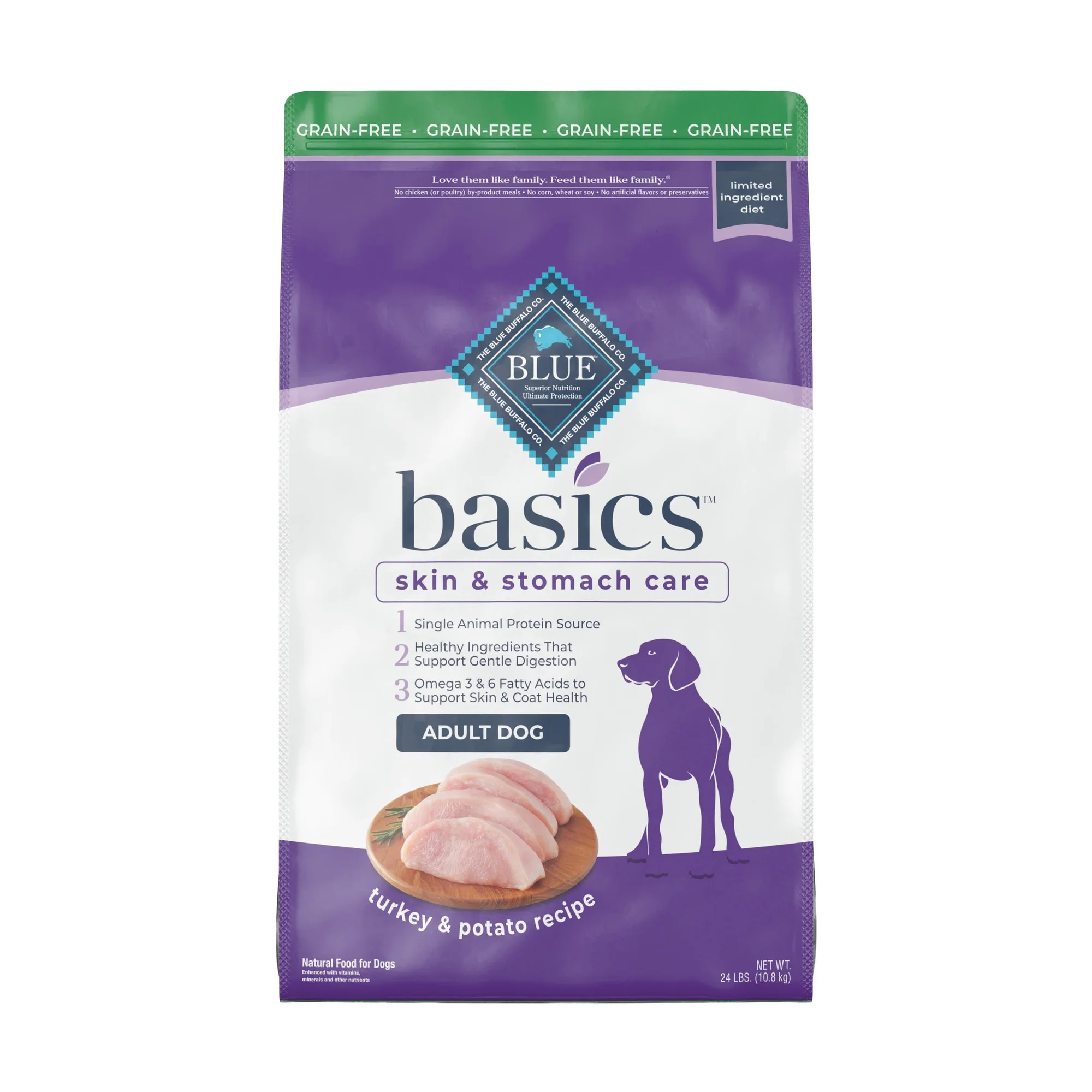 Blue Buffalo Basics Skin & Stomach Care Turkey and Potato Dry Dog Food for Adult Dogs  Grain-Free  24 lb. Bag - Image 1