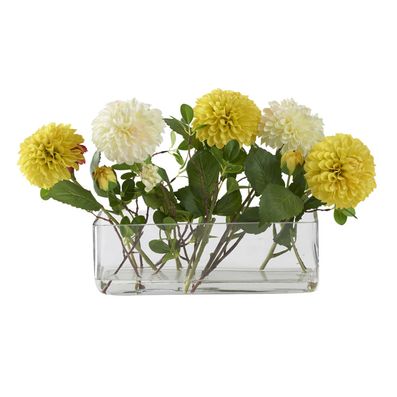 D&W Silks Cream and Yellow Dahlias in Small Aquaria Vase – 212229