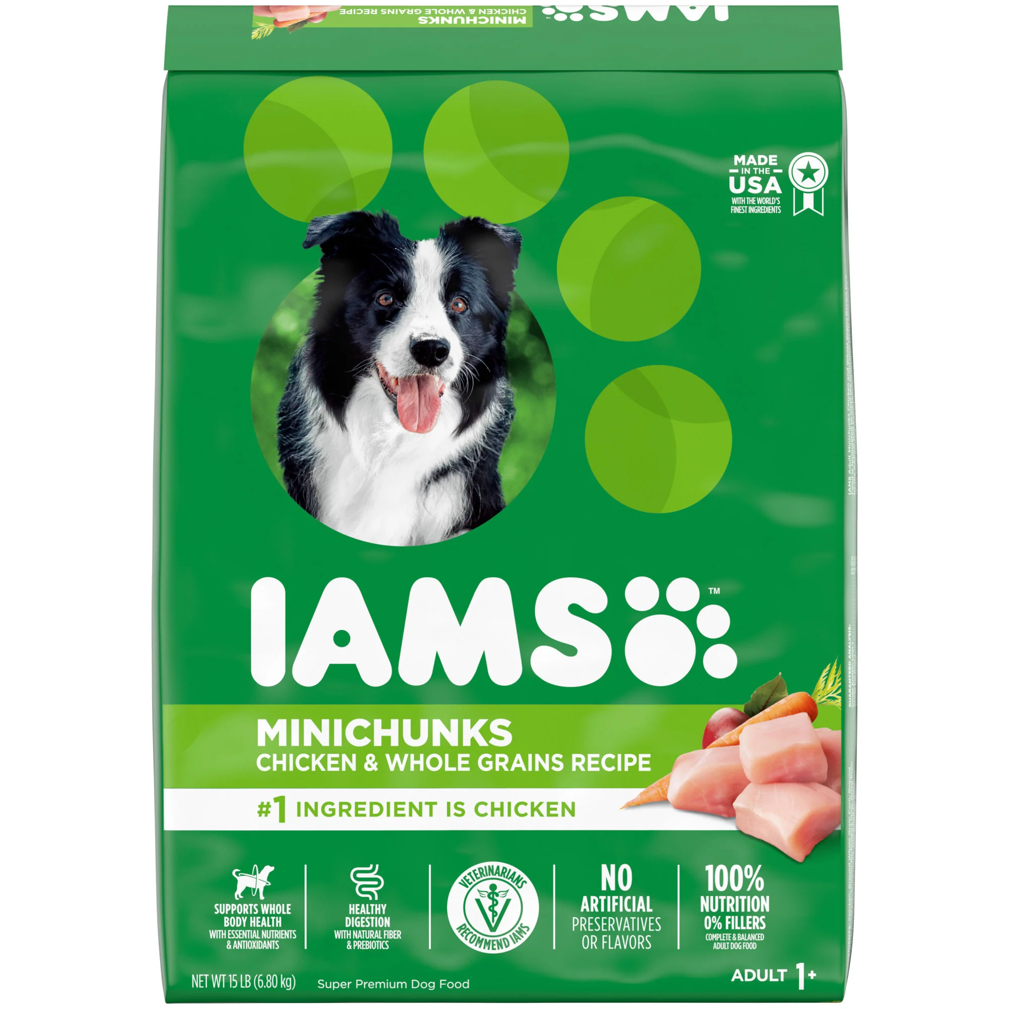 IAMS Adult Minichunks Small Kibble High Protein Dry Dog Food with Real Chicken  15 lb. Bag - Image 1