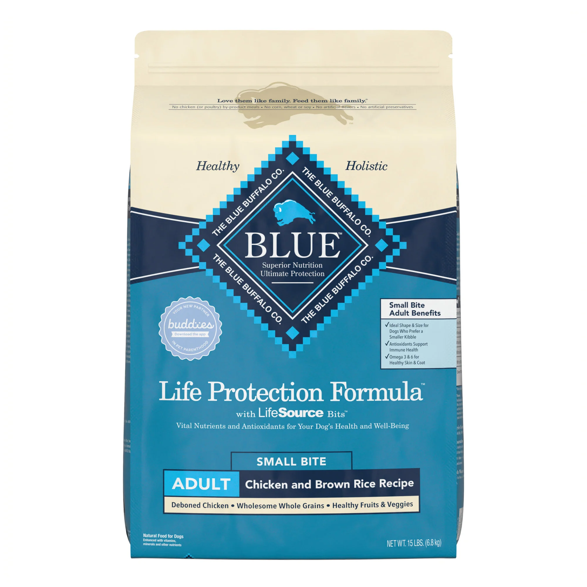 Blue Buffalo Life Protection Formula Small Bite Chicken and Brown Rice Dry Dog Food for Adult Dogs  Whole Grain  15 lb. Bag - Image 1