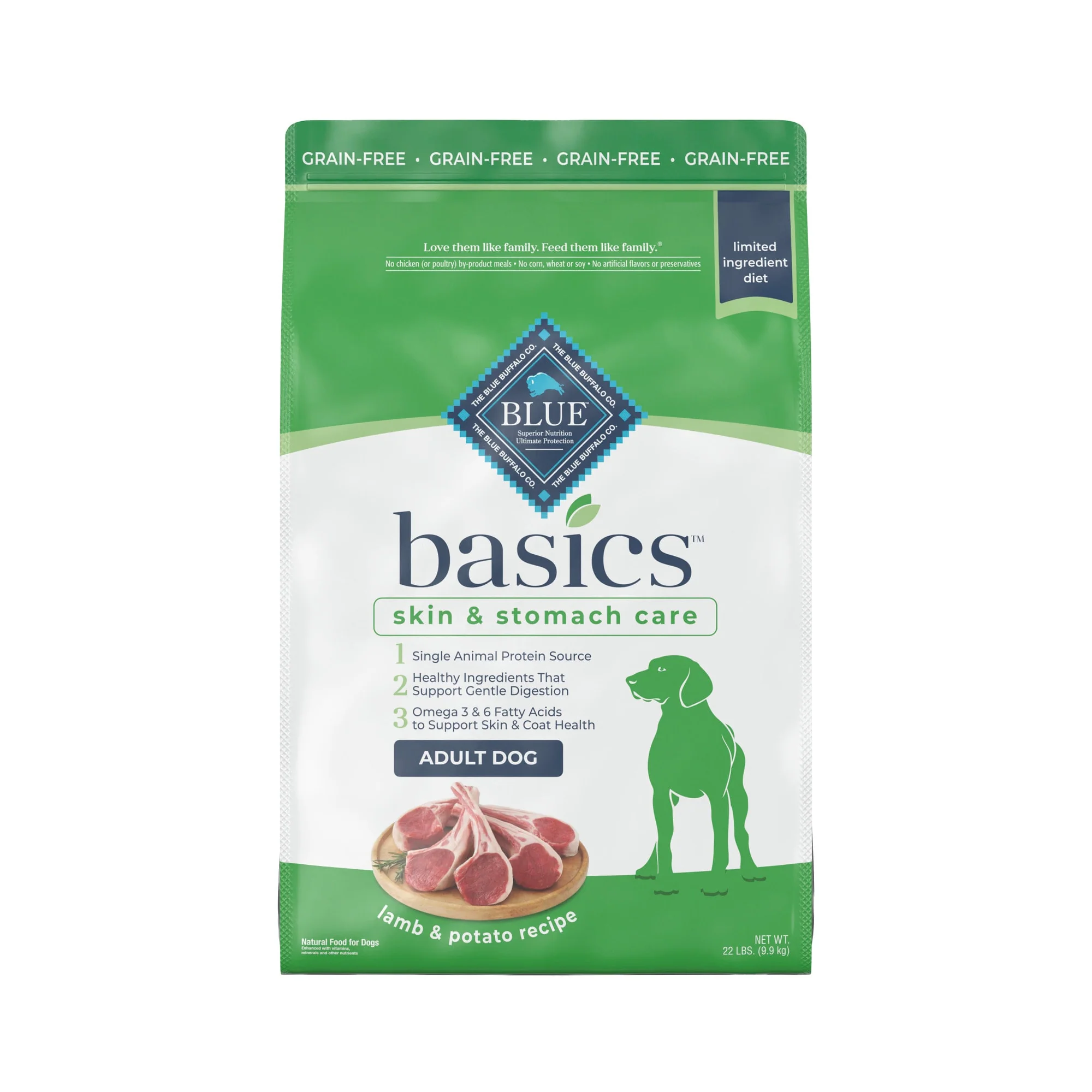 Blue Buffalo Basics Skin & Stomach Care Lamb and Potato Dry Dog Food for Adult Dogs  Grain-Free  22 lb. Bag - Image 1