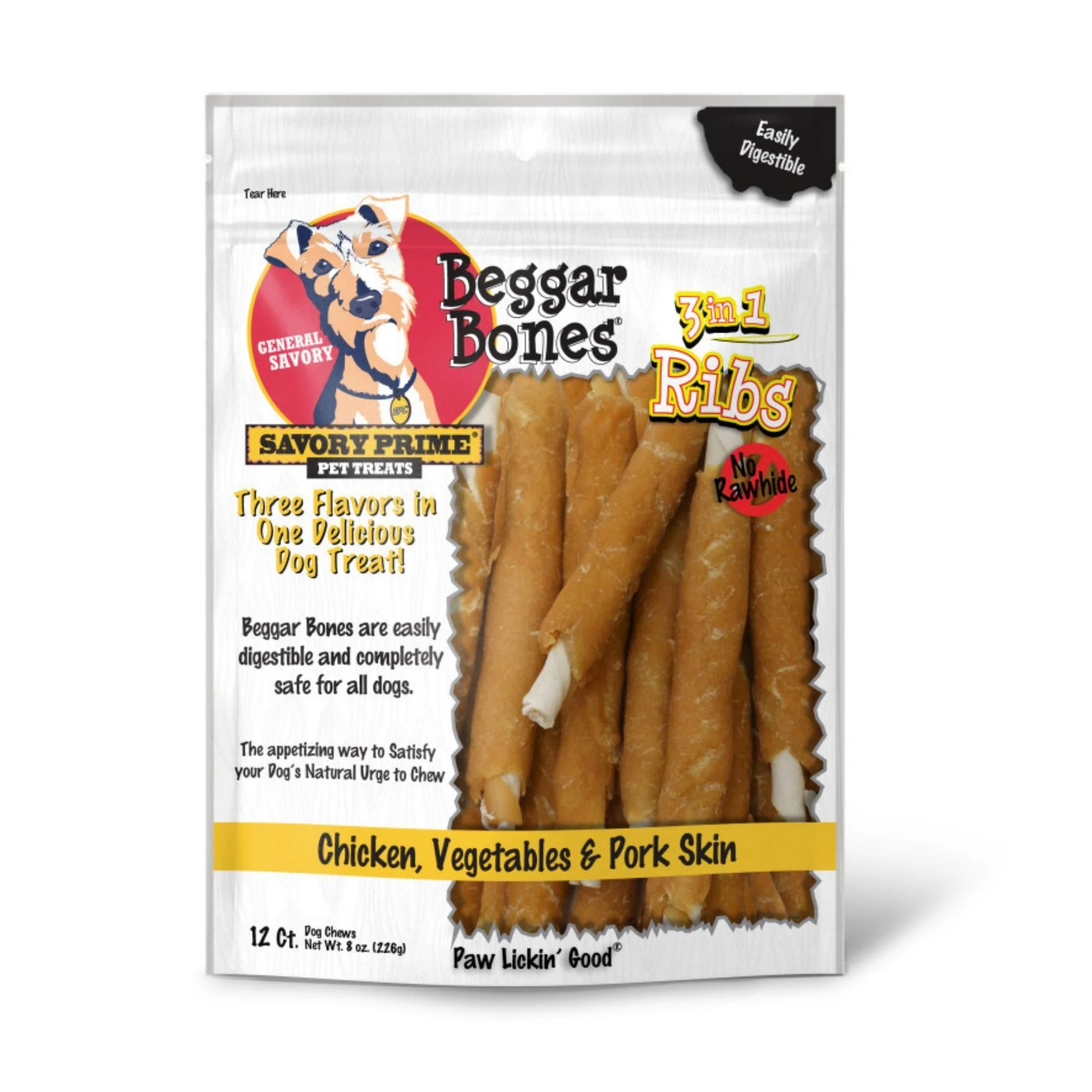 Savory Prime Beggar Bone 3in1 Ribs Dog Treat Chicken, Vegetable & Pork  12 ct - Image 1