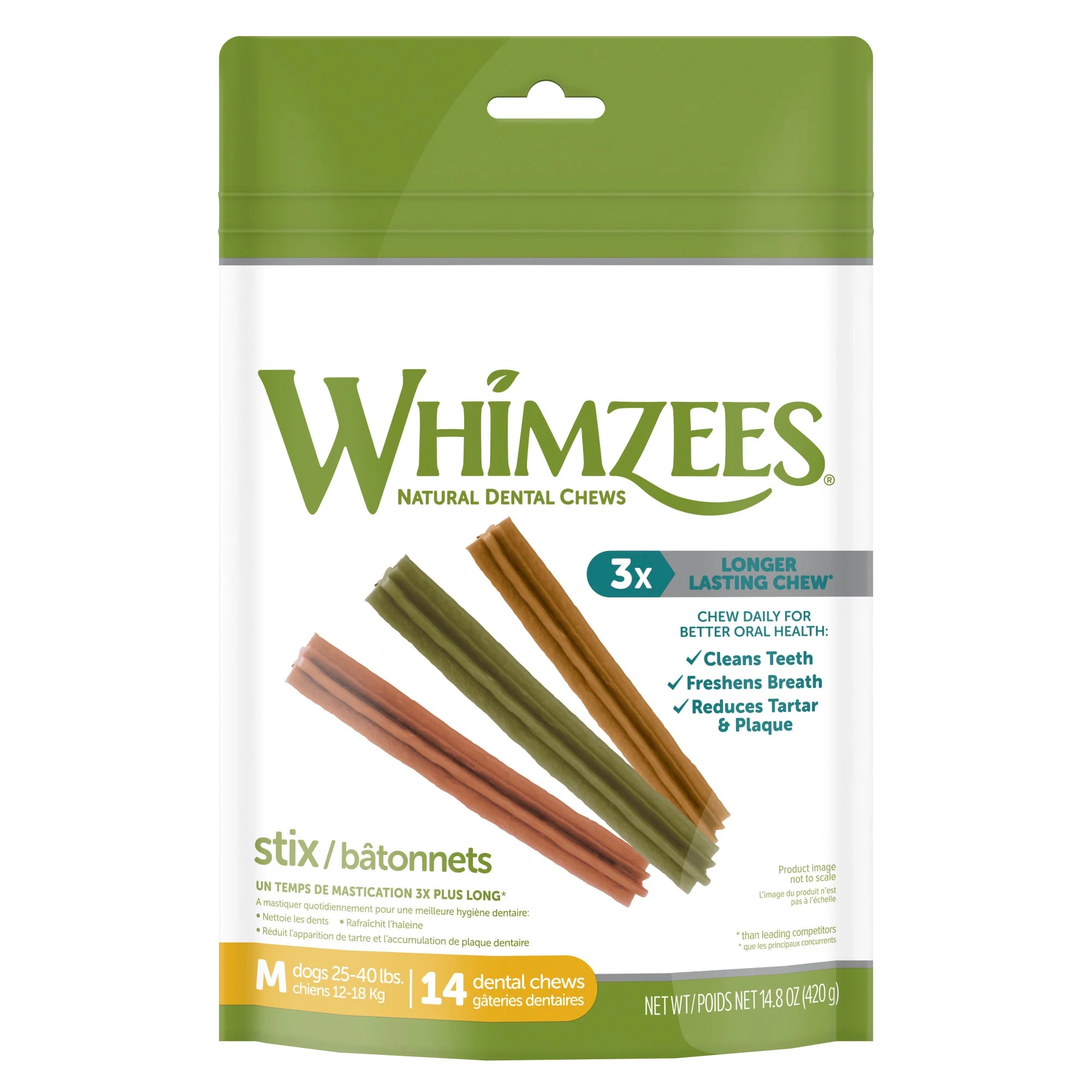 WHIMZEES Natural Grain Free Daily Dental Long Lasting Dog Treats  Stix  Medium  Bag of 14 - Image 1