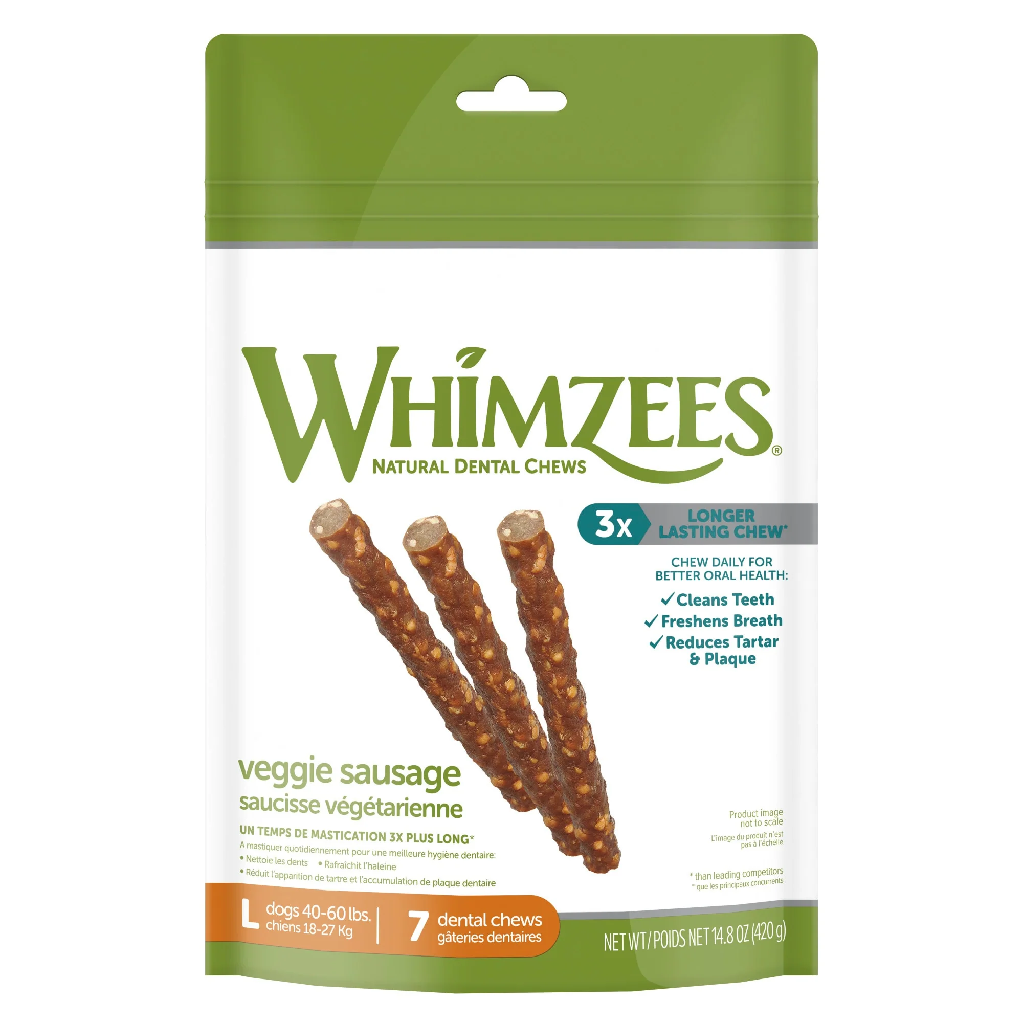 WHIMZEES Natural Grain Free Daily Dental Long Lasting Dog Treats  Veggie Sausage  Large  Bag of 7 - Image 1
