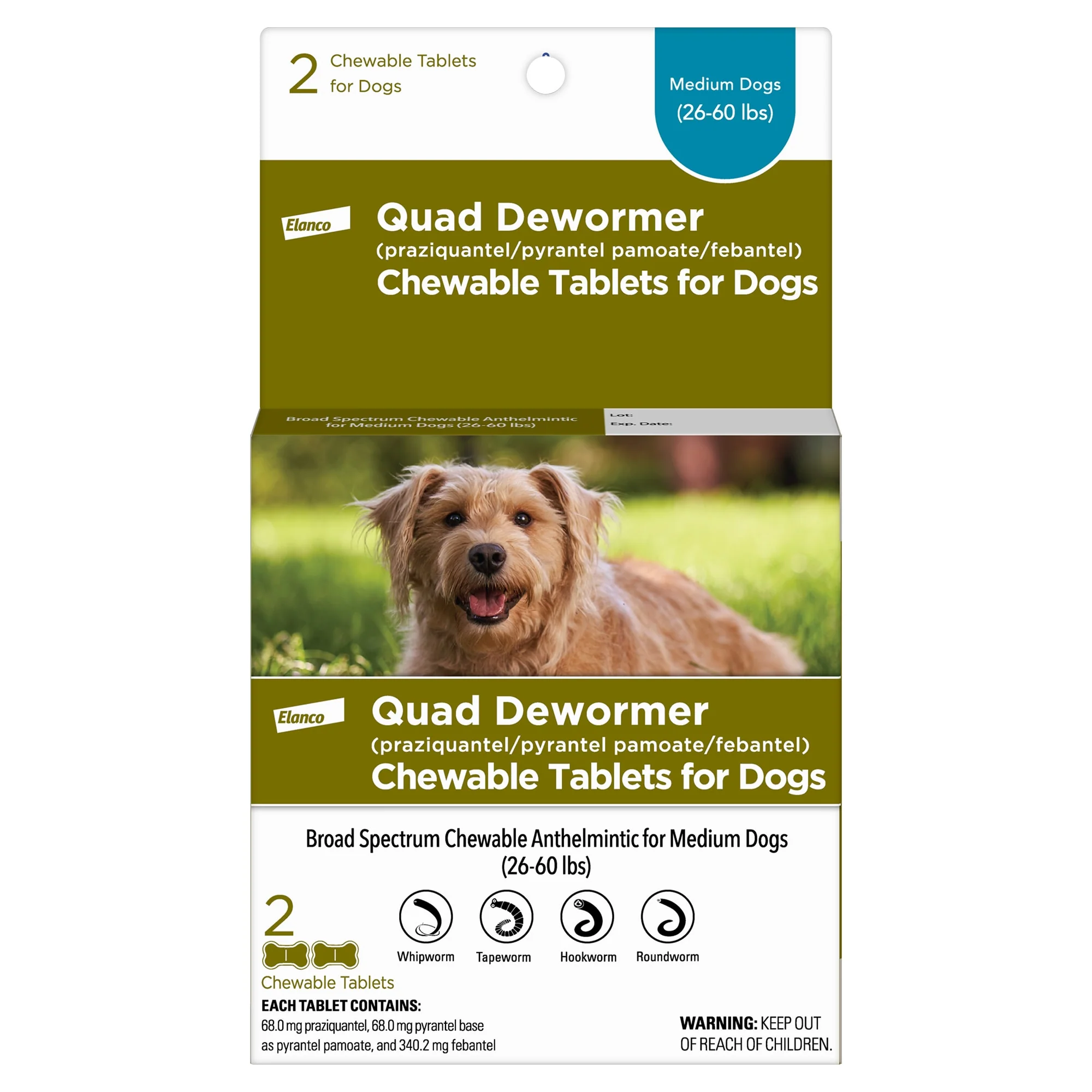 Bayer Chewable Quad Dewormer for Medium Dogs  26-60 lbs  2 Chewable Tablets - Image 1