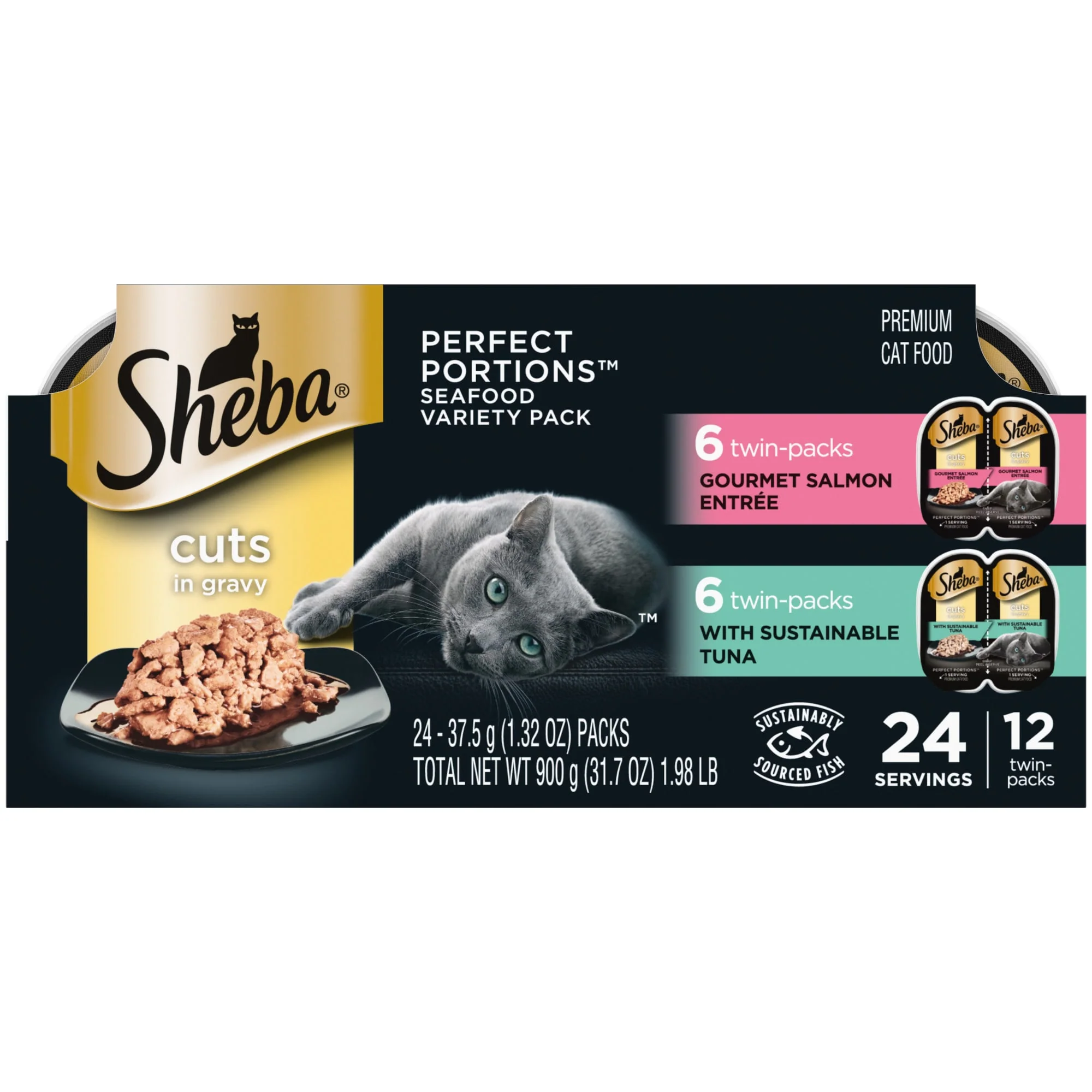 SHEBA Wet Cat Food Cuts in Gravy Variety Pack  With Sustainable Tuna and Gourmet Salmon Entree  (12) 2.6 oz. PERFECT PORTIONS Twin-Pack Trays - Image 1