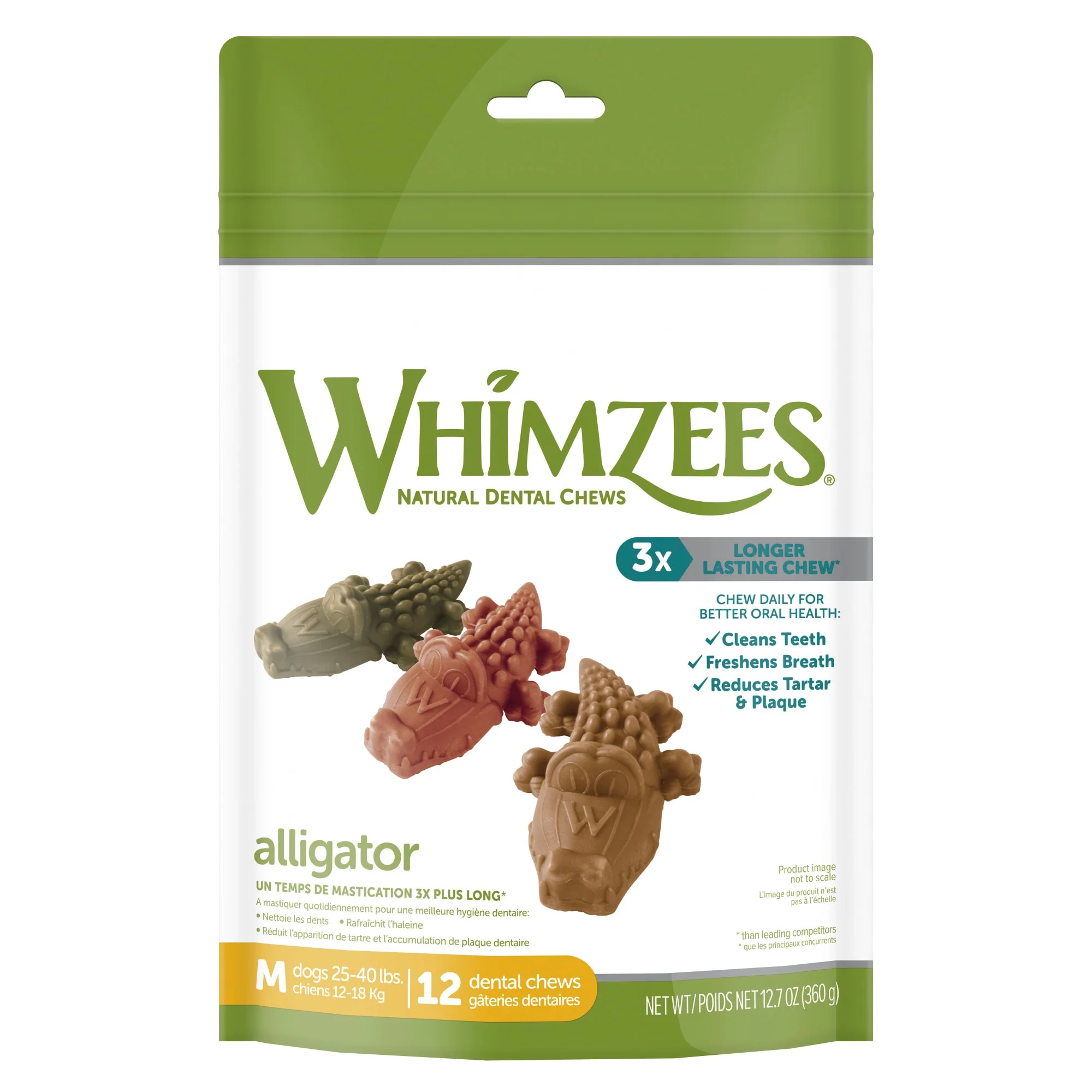 WHIMZEES Natural Grain Free Daily Dental Long Lasting Dog Treats  Alligator  Medium  Bag of 12 - Image 1