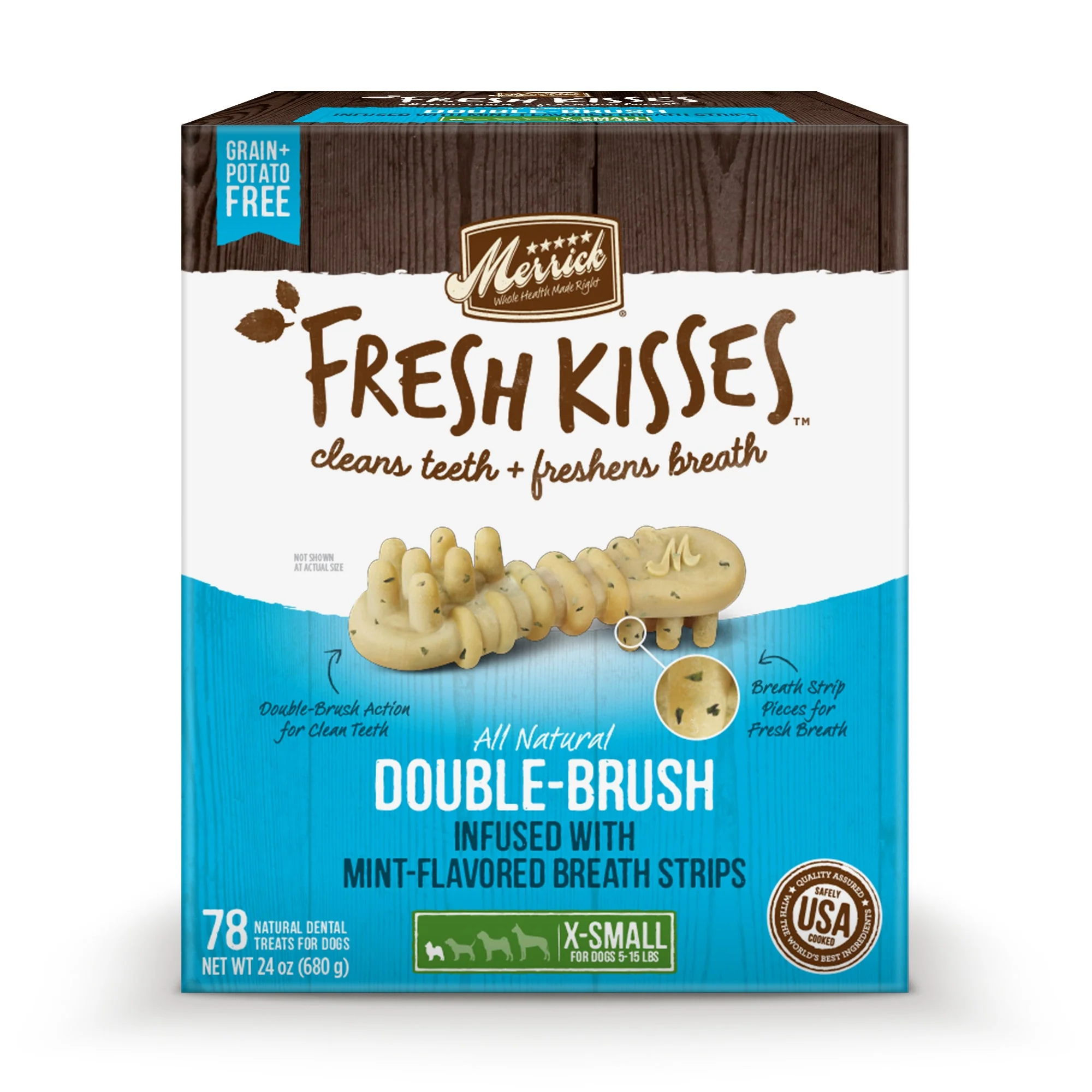 Merrick Fresh Kisses Grain-Free Mint Breath Strips Extra Small Brush Dental Dog Treats, 78 Ct - Image 1