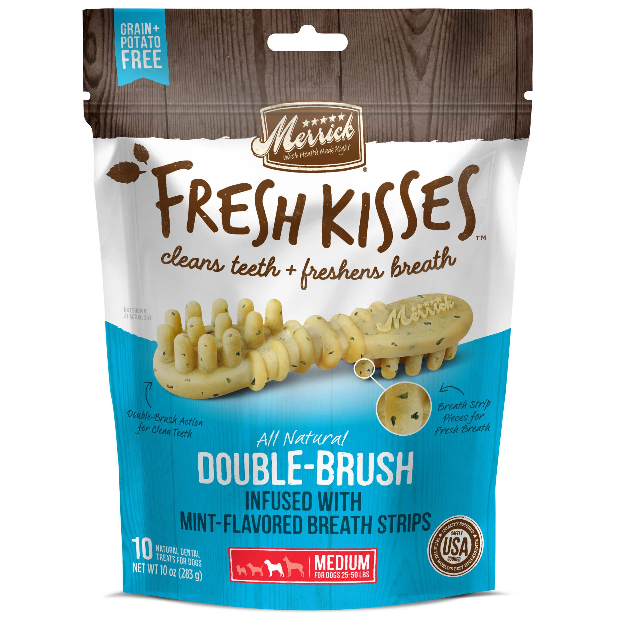Merrick Fresh Kisses Grain-Free Mint Breath Strips Medium Brush Dental Dog Treats, 10 Ct - Image 1