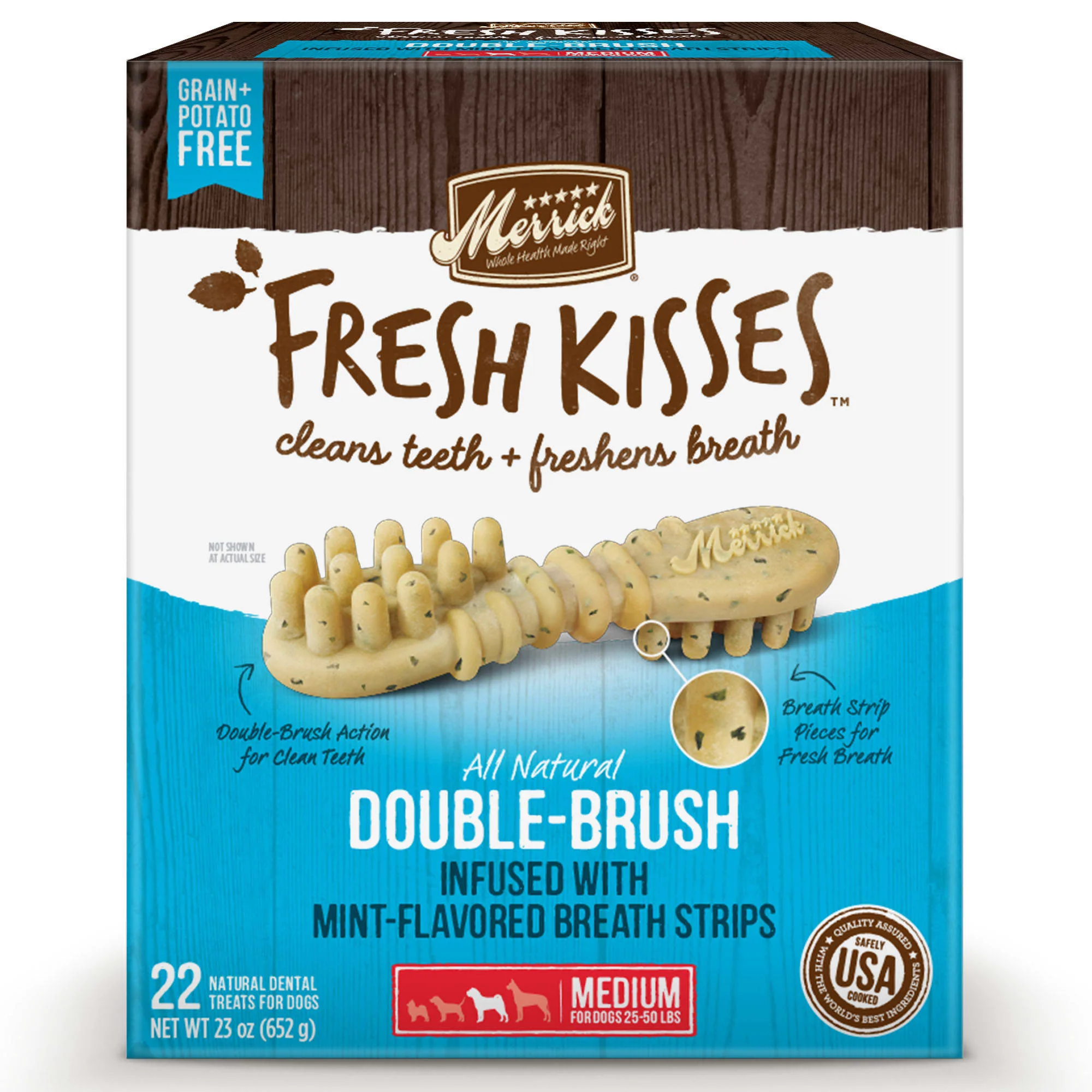 Merrick Fresh Kisses Grain-Free Mint Breath Strips Medium Brush Dental Dog Treats, 22 Ct - Image 1