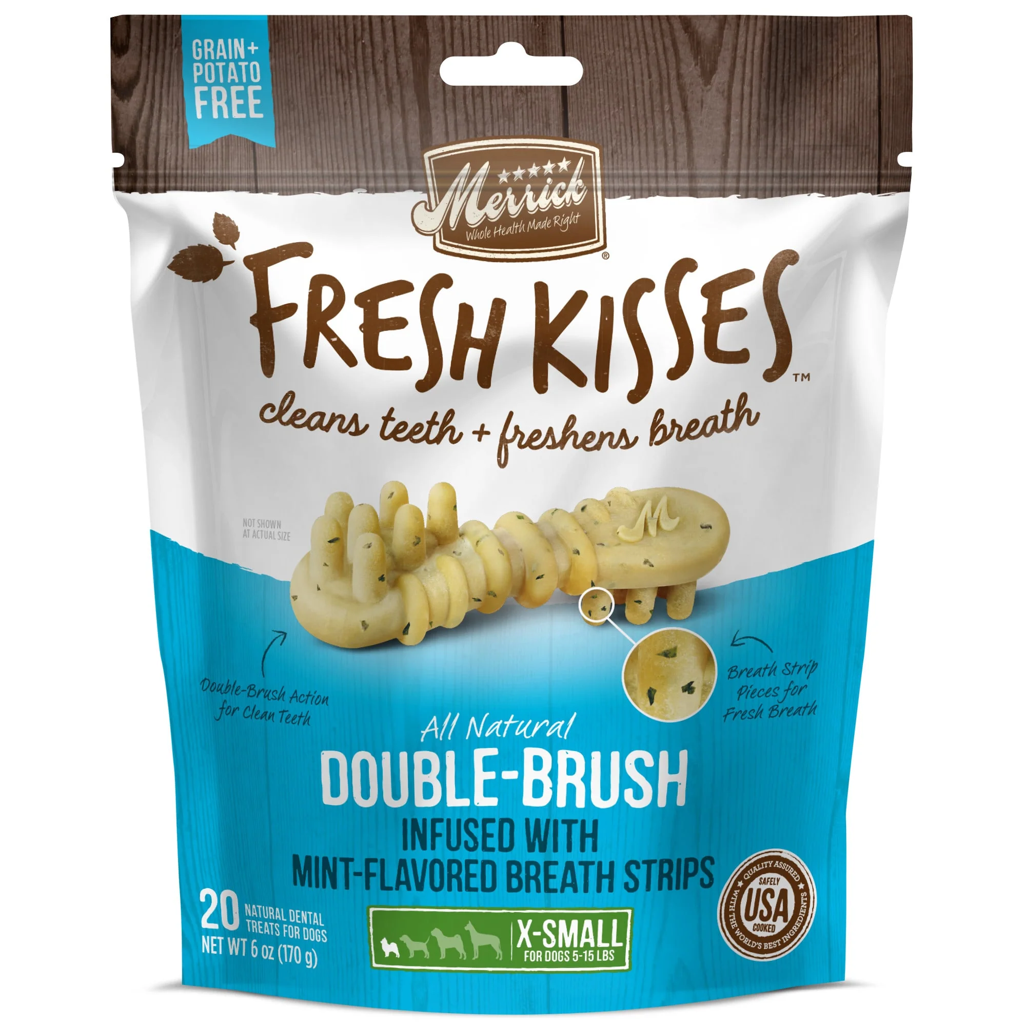 Merrick Fresh Kisses Grain-Free Mint Breath Strips Extra Small Brush Dental Dog Treats, 20 Ct - Image 1