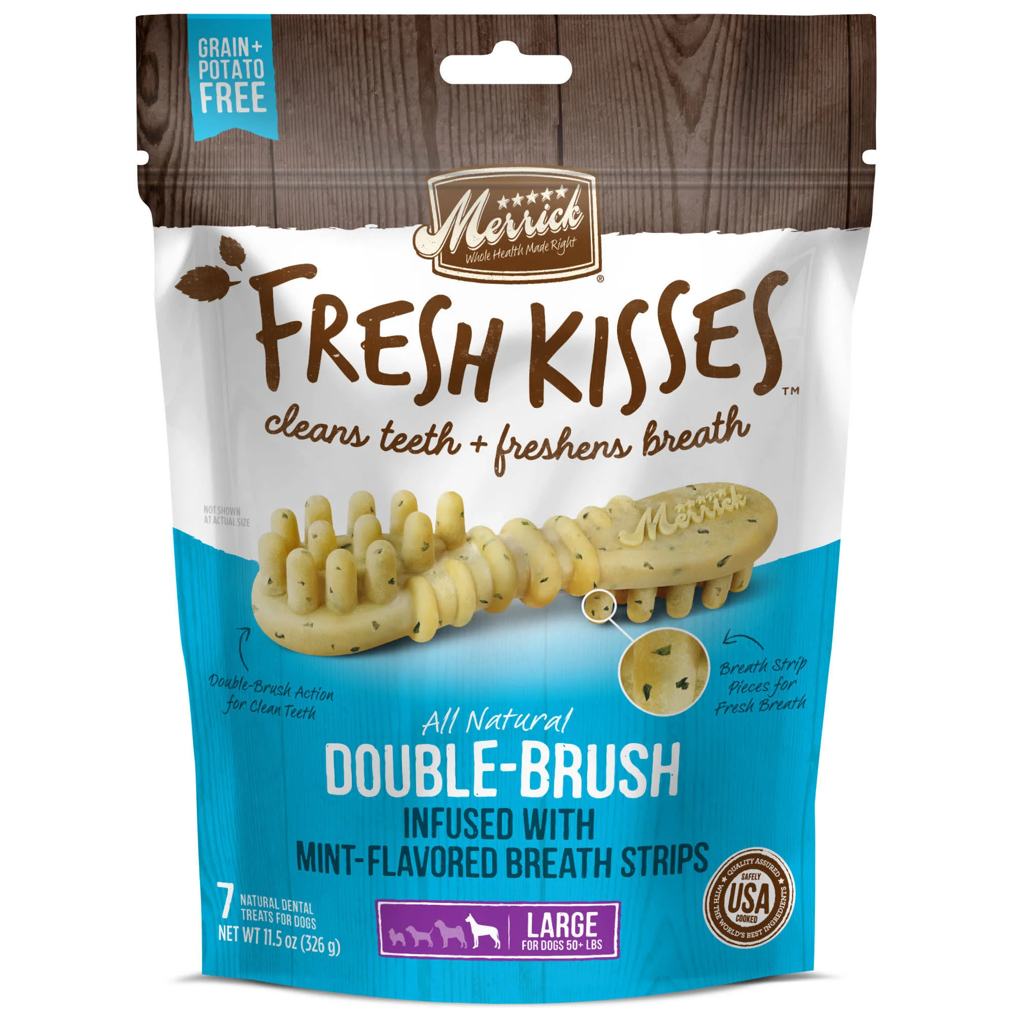 Merrick Fresh Kisses Grain-Free Mint Breath Strips Large Brush Dental Dog Treats, 7 Ct - Image 1