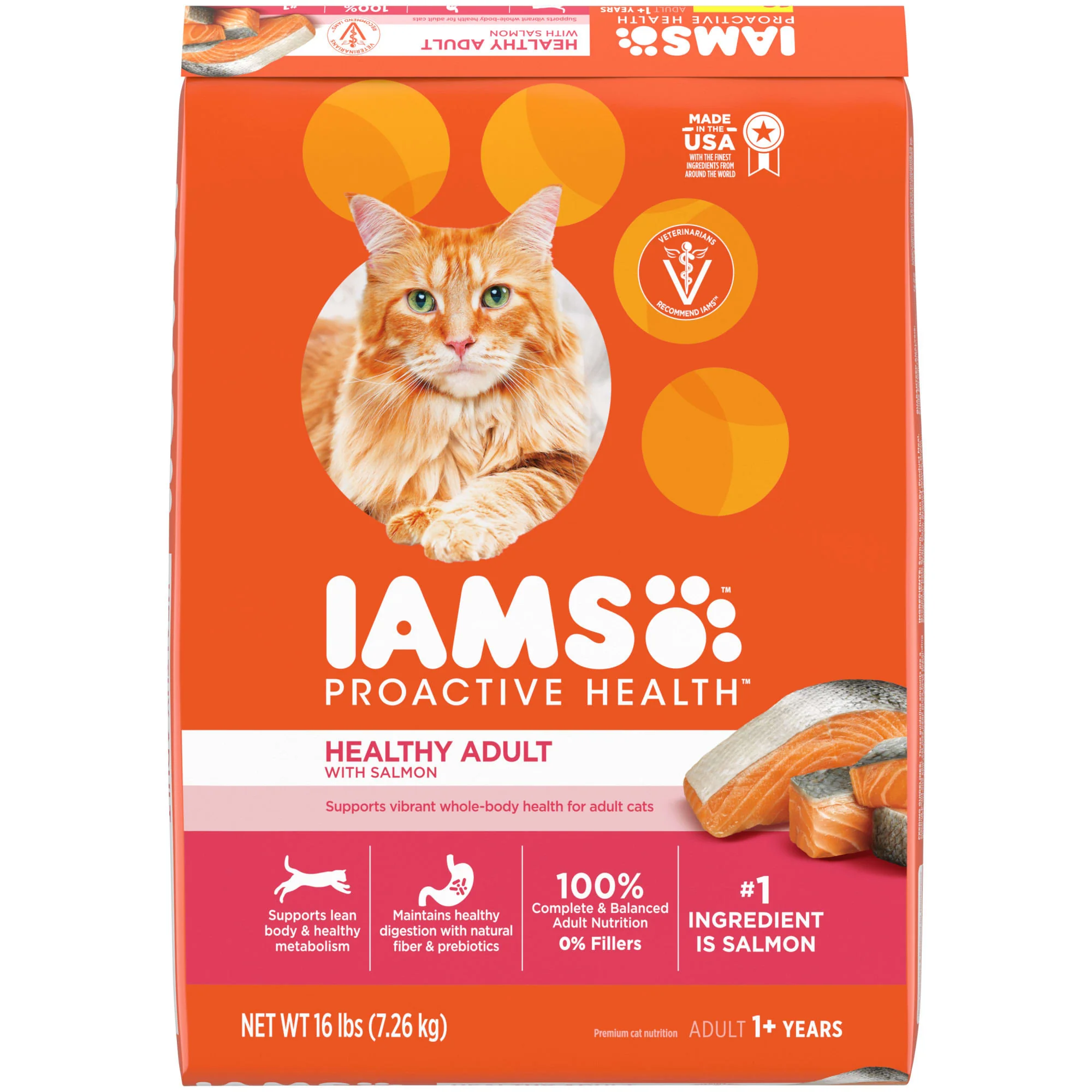 IAMS PROACTIVE HEALTH Healthy Adult Dry Cat Food with Salmon  16 lb. Bag - Image 1