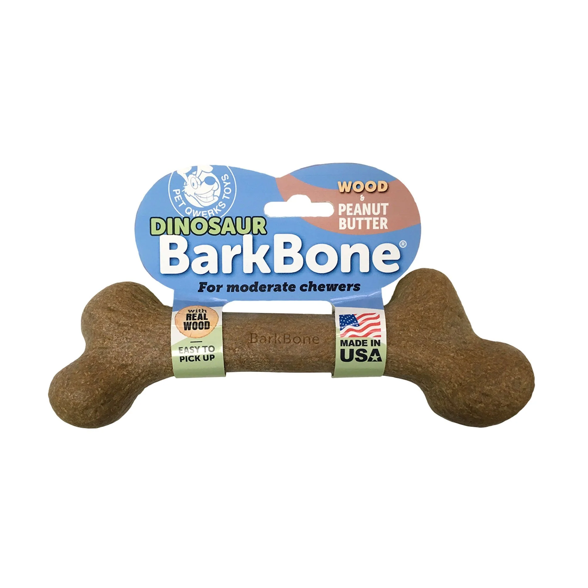 Pet Qwerks BarkBone Dinosaur Wood Dog Bone Chew Toy  Peanut Butter Flavor  Medium - Image 1