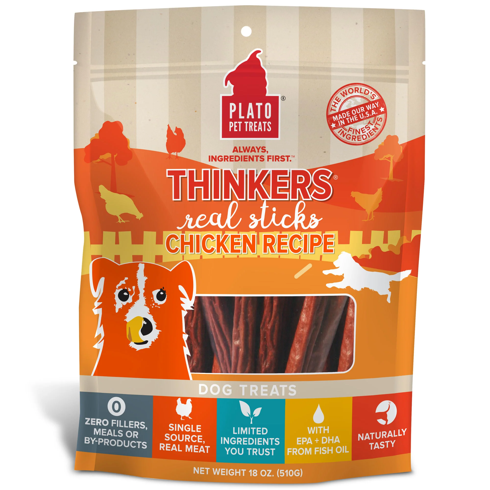 Plato Pet Treats Thinkers Chicken Dog Treats, 18 Ounce - Image 1