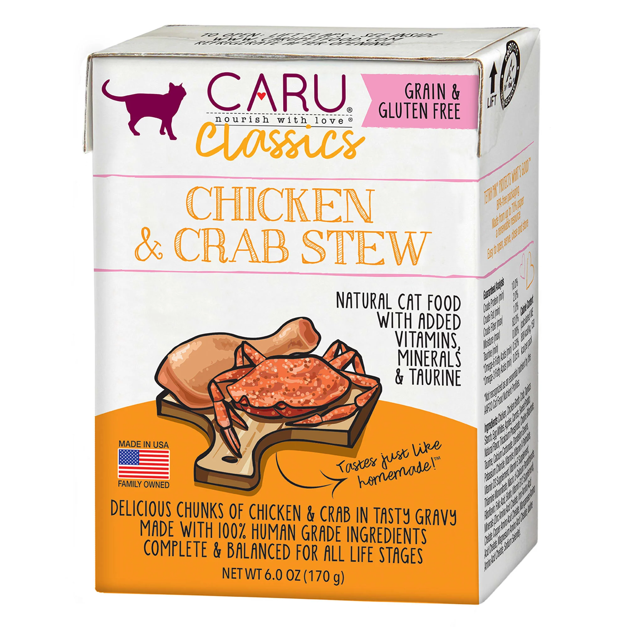 Caru Classics Wet Cat Food 6oz Carton Chicken Crab Stew - Image 1