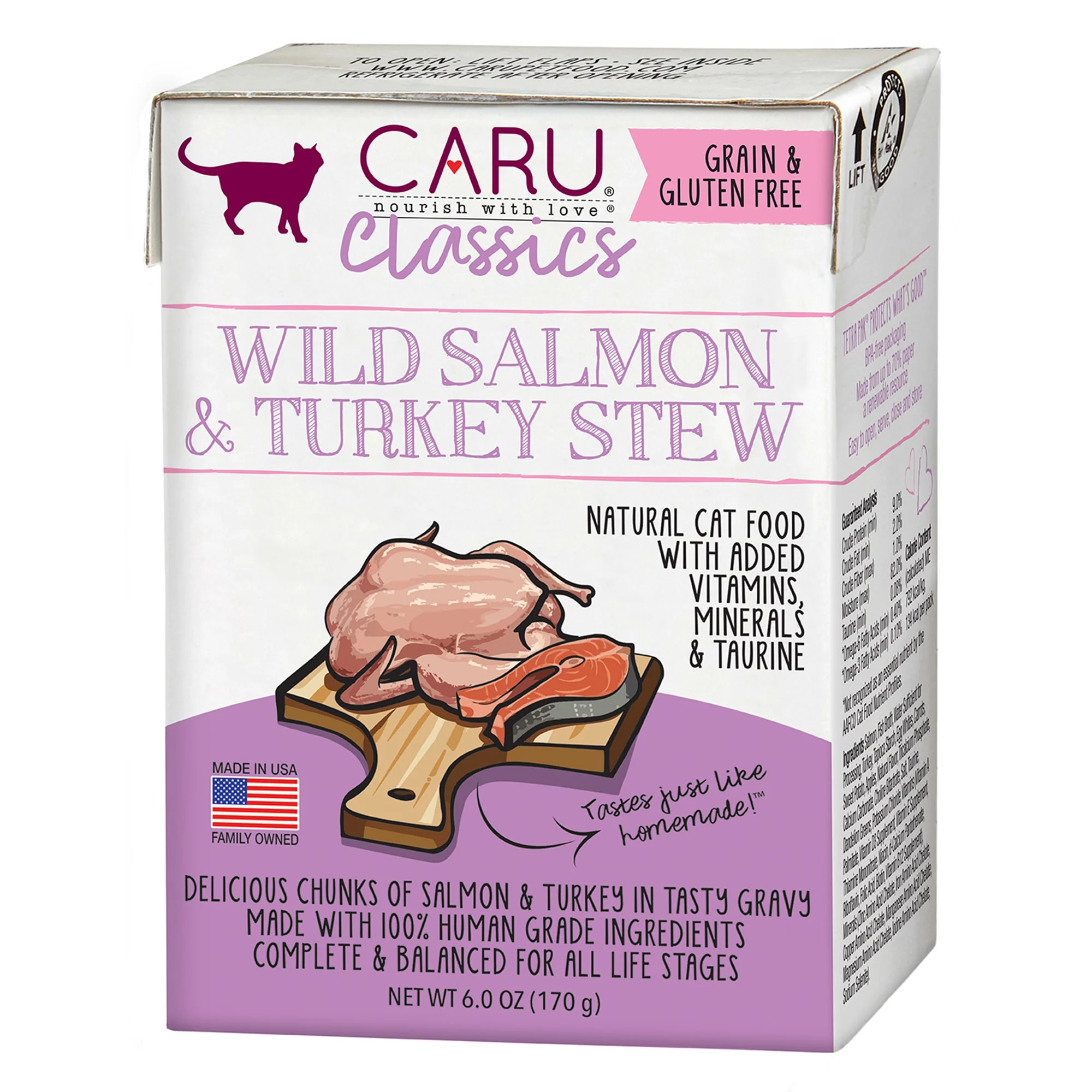Caru Classics Wet Cat Food 6oz Carton Salmon Turkey Stew - Image 1