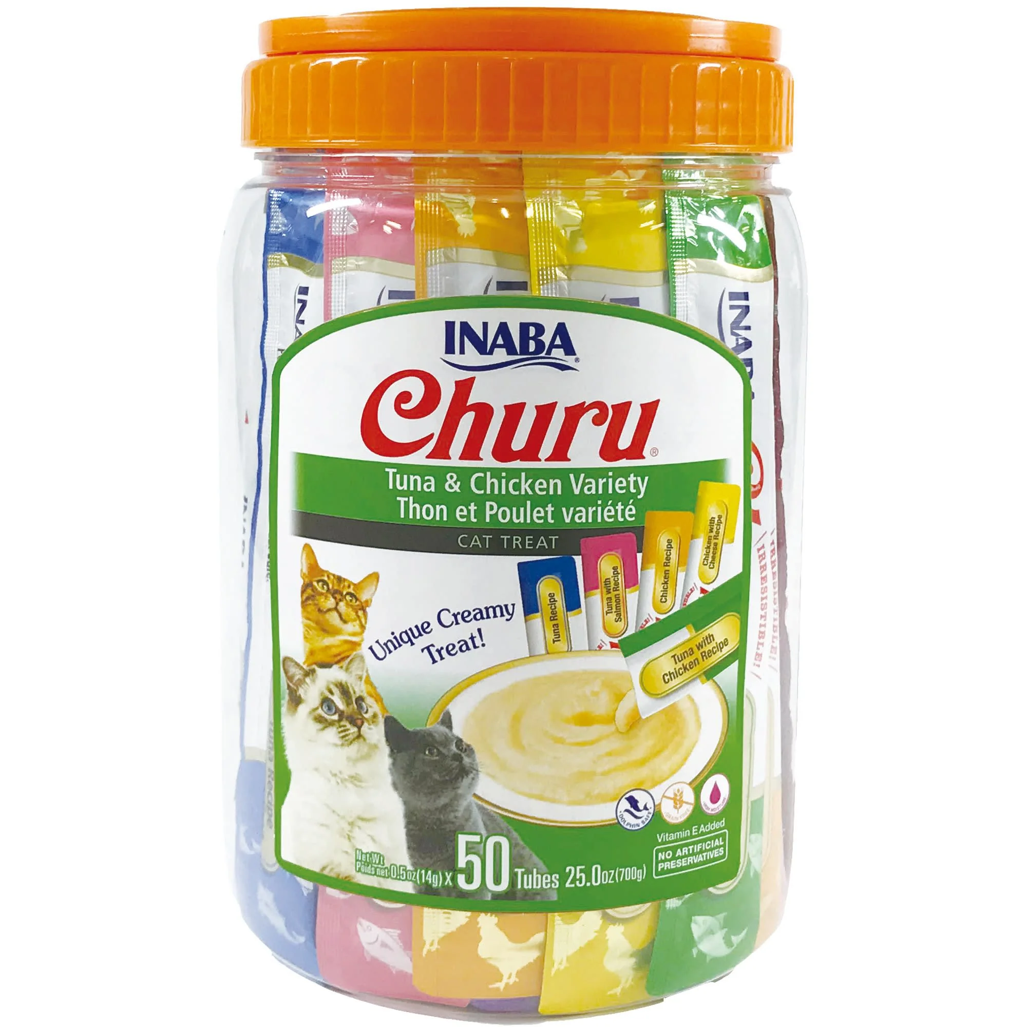 INABA Churu Creamy  Lickable Purée Cat Treat w Taurine  0.5 oz  50 Tubes  Tuna & Chicken Variety - Image 1