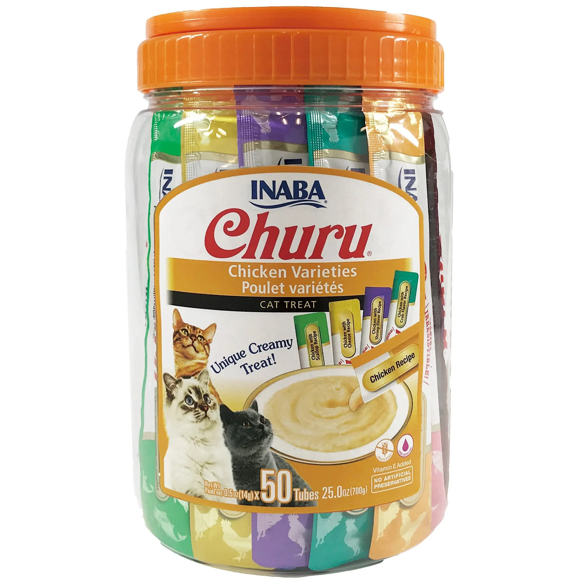 INABA Churu Creamy  Lickable Purée Cat Treat w Taurine  0.5 oz  50 Tubes  Chicken Variety - Image 1